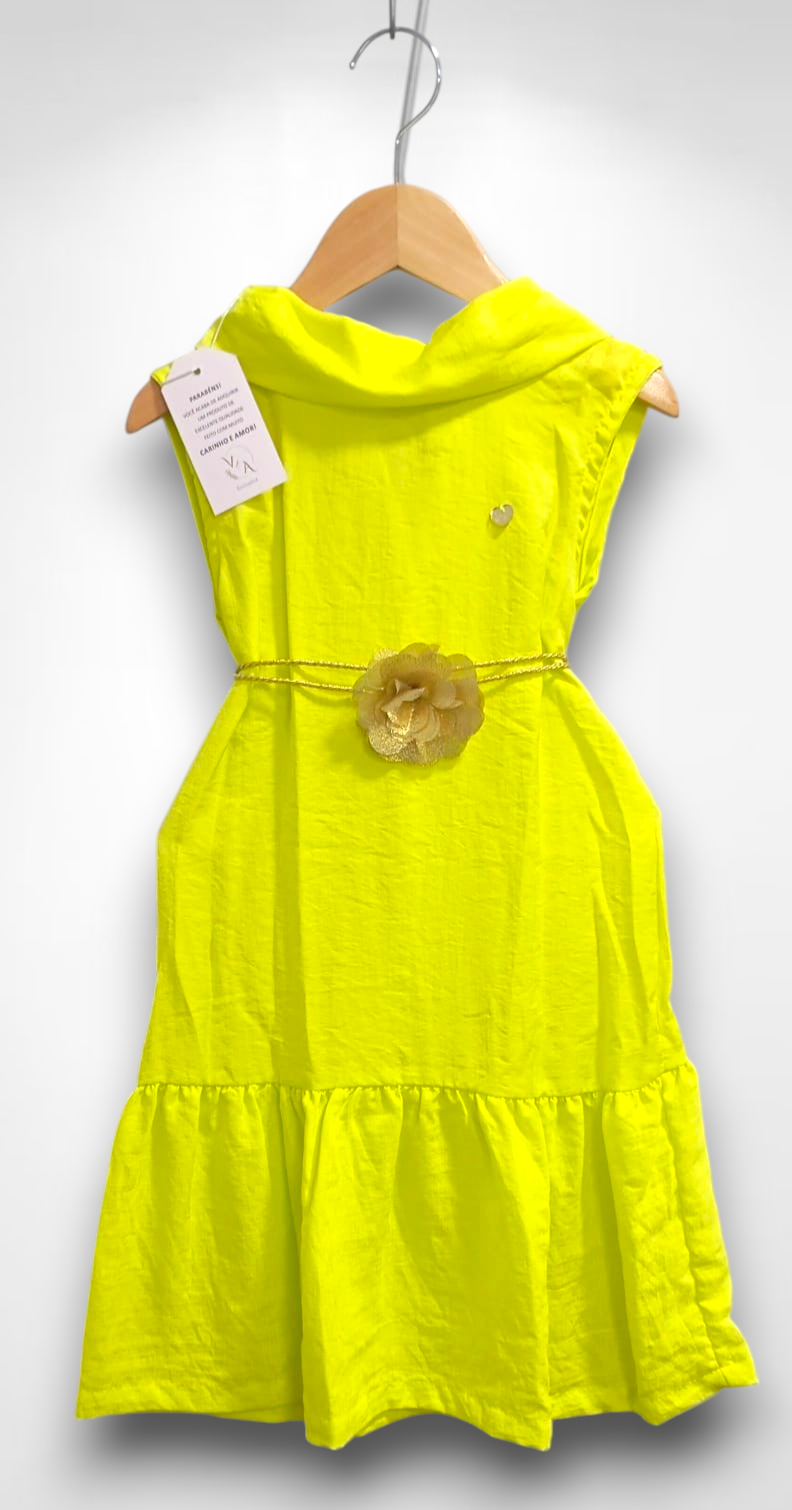 Vestido Infantil Crepinho Verde Lima Cinto de Cordão Festa