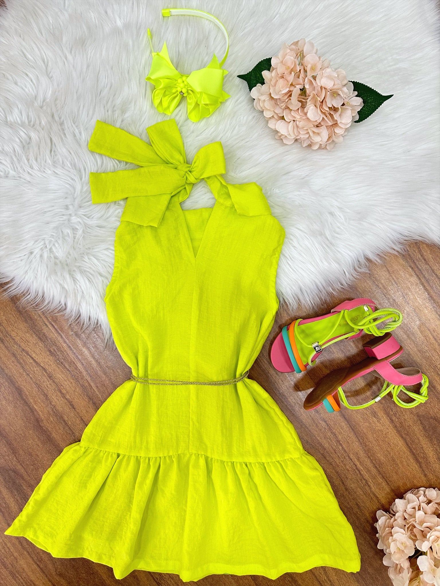 Vestido Infantil Crepinho Verde Lima Cinto de Cordão Festa