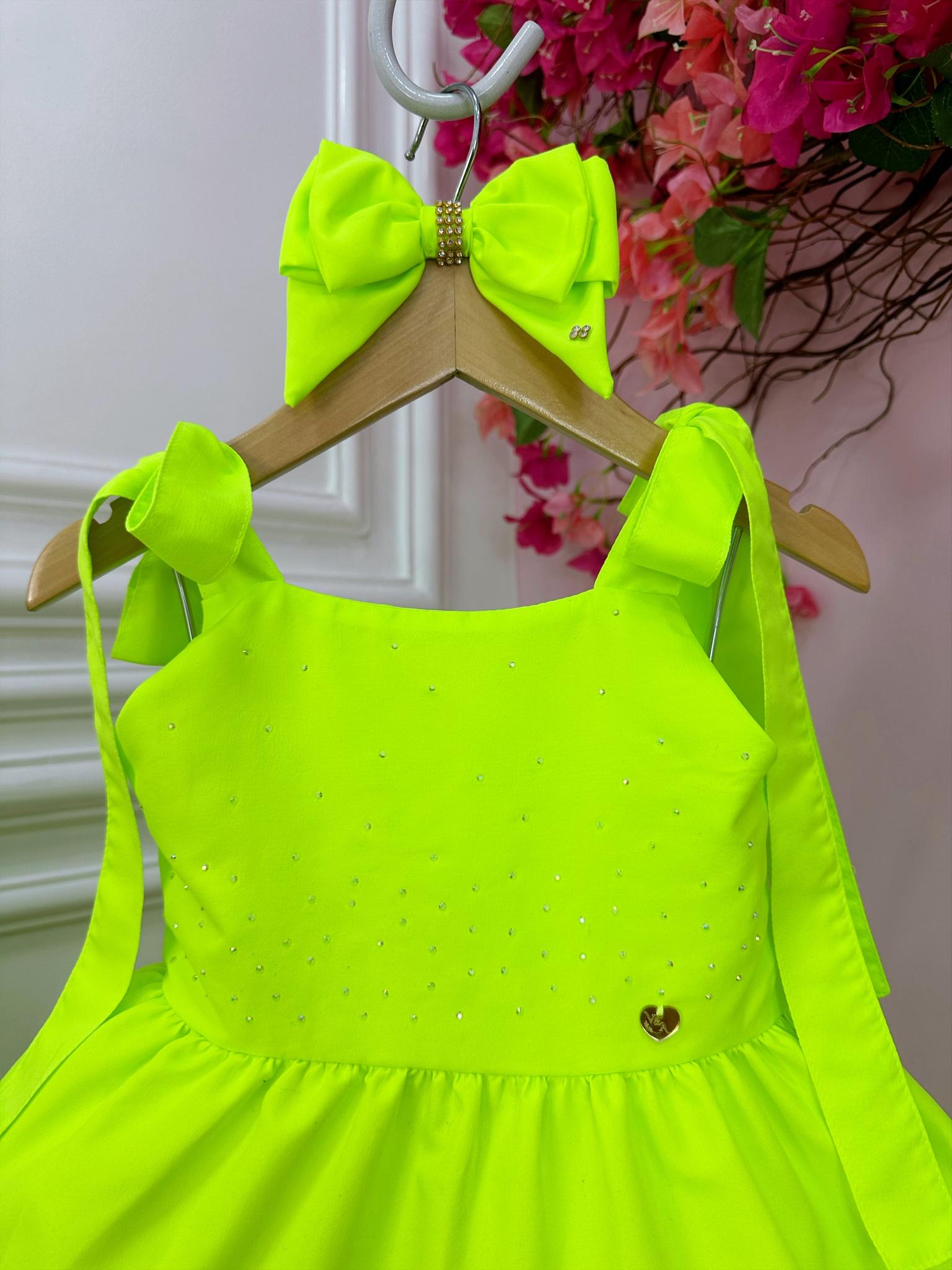 Vestido infantil Verde Lima Neon Strass no Busto e Laço Damas