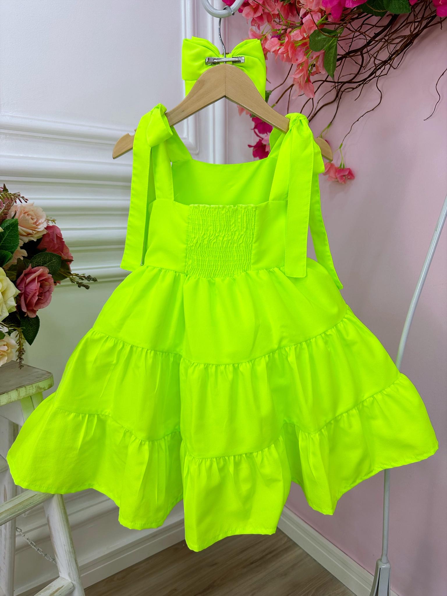 Vestido infantil Verde Lima Neon Strass no Busto e Laço Damas