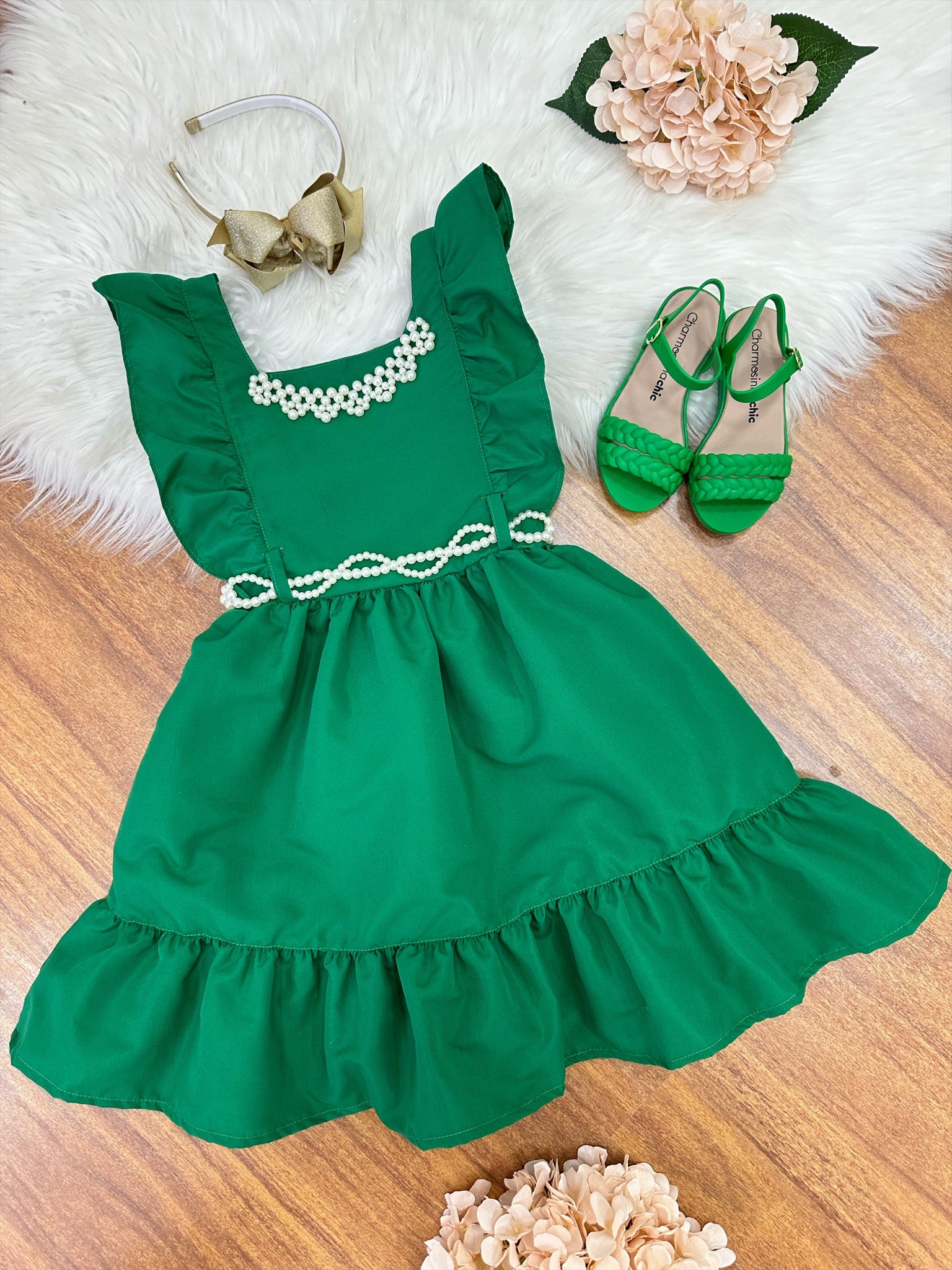 Vestido Infantil Verde Luxo Com Pérolas Festas Daminhas