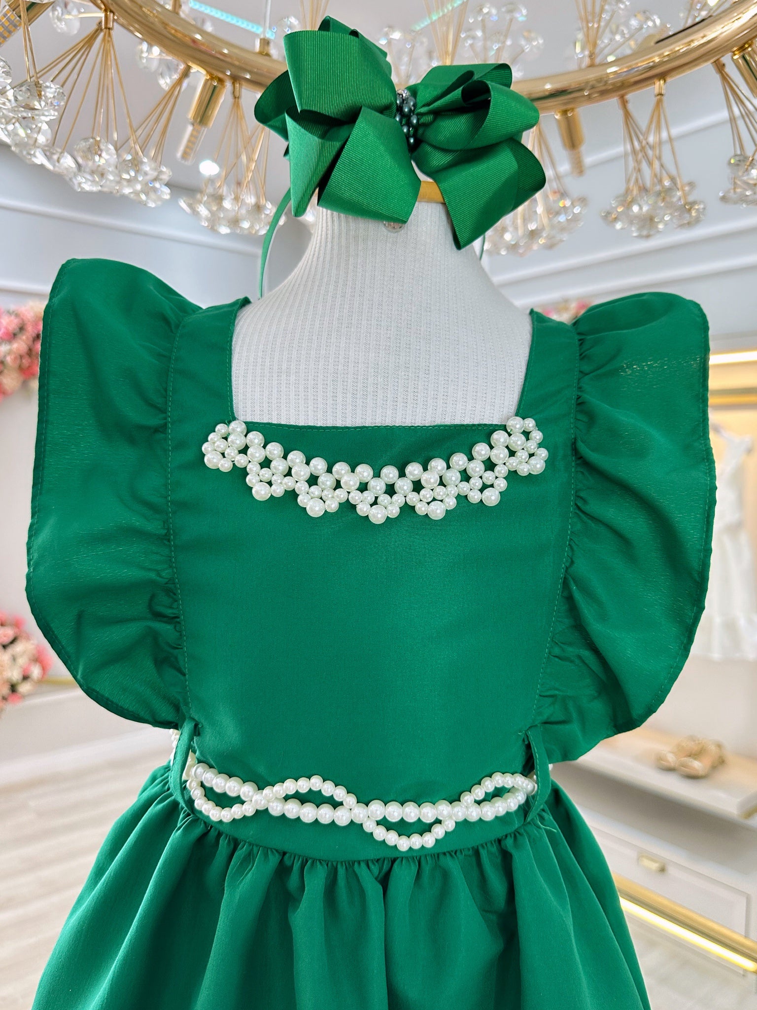 Vestido Infantil Verde Luxo Com Pérolas Festas Daminhas