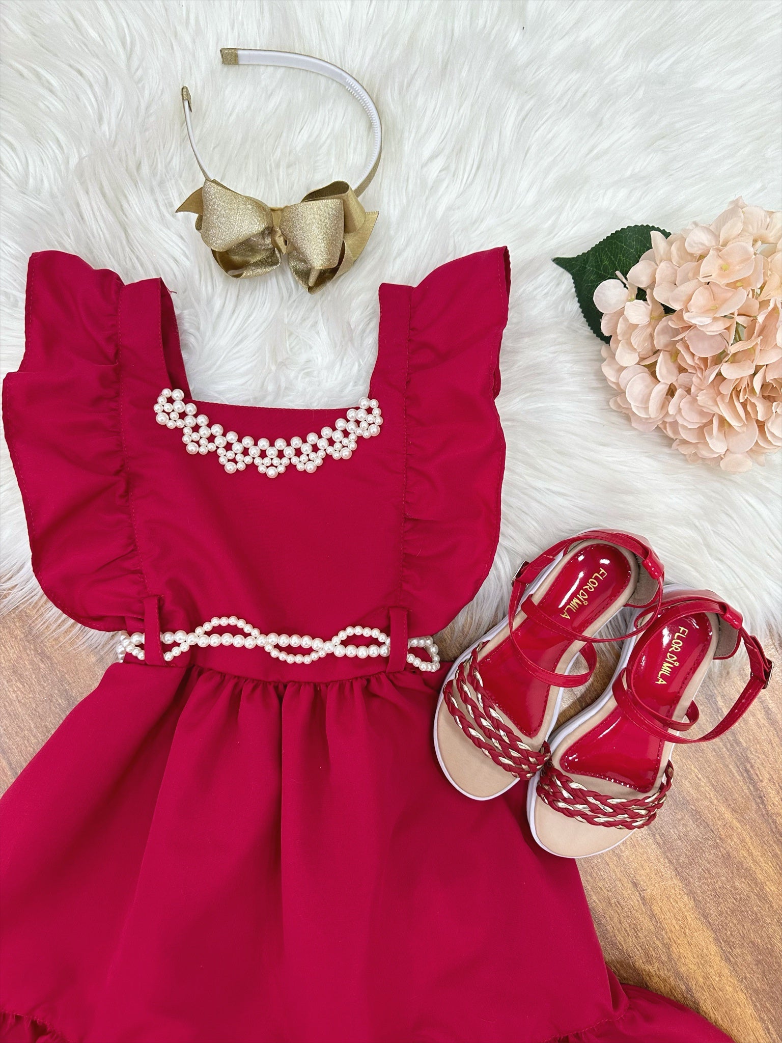 Vestido Infantil Vermelho Luxo Com Pérolas Festas Daminhas