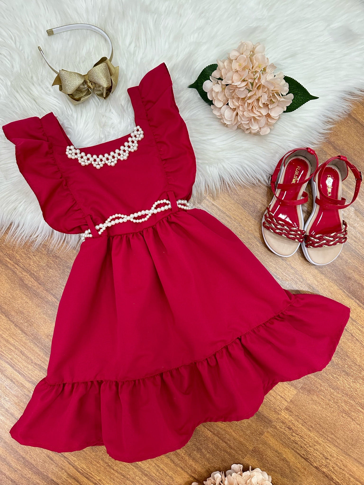 Vestido Infantil Vermelho Luxo Com Pérolas Festas Daminhas
