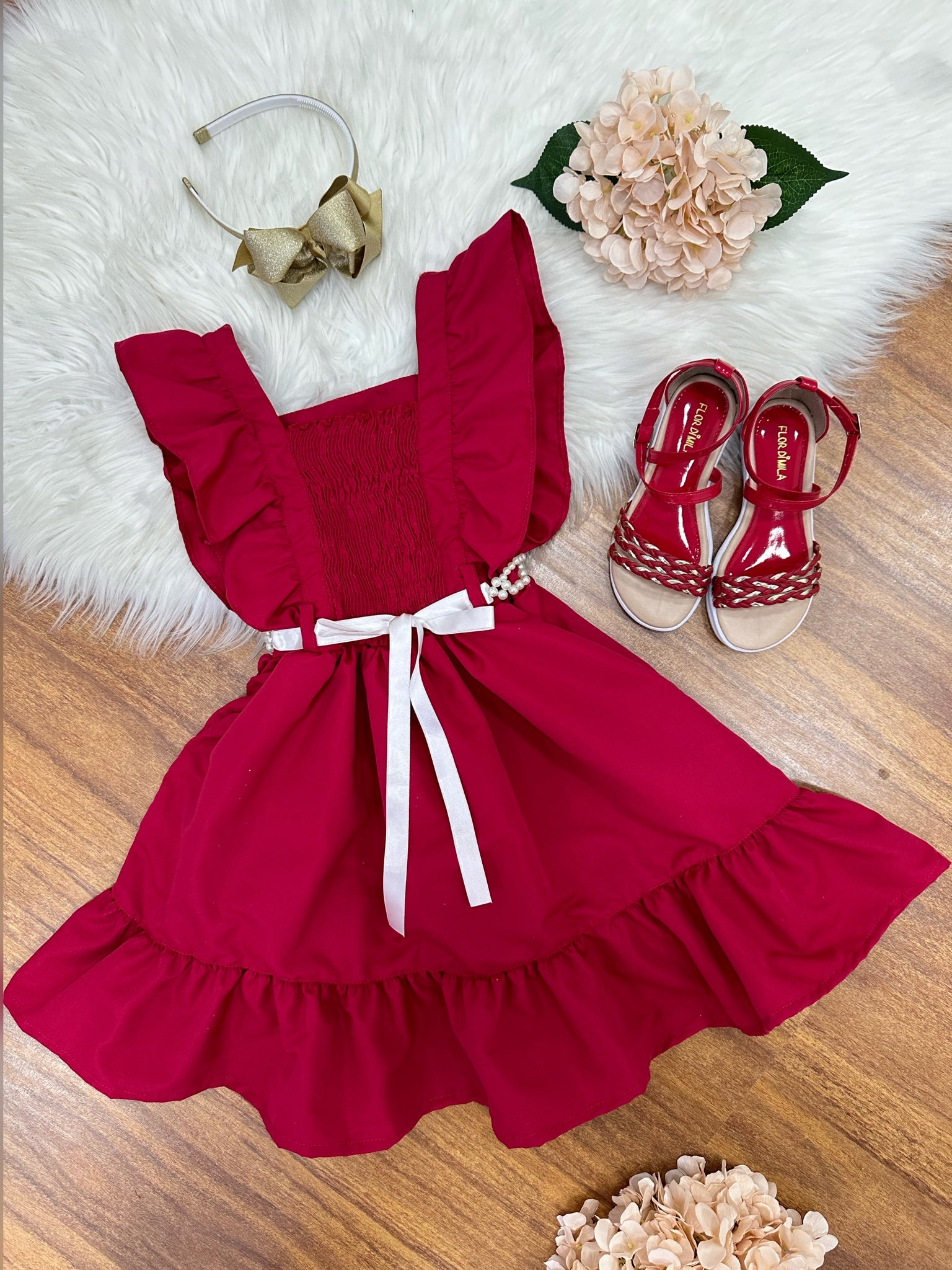 Vestido Infantil Vermelho Luxo Com Pérolas Festas Daminhas