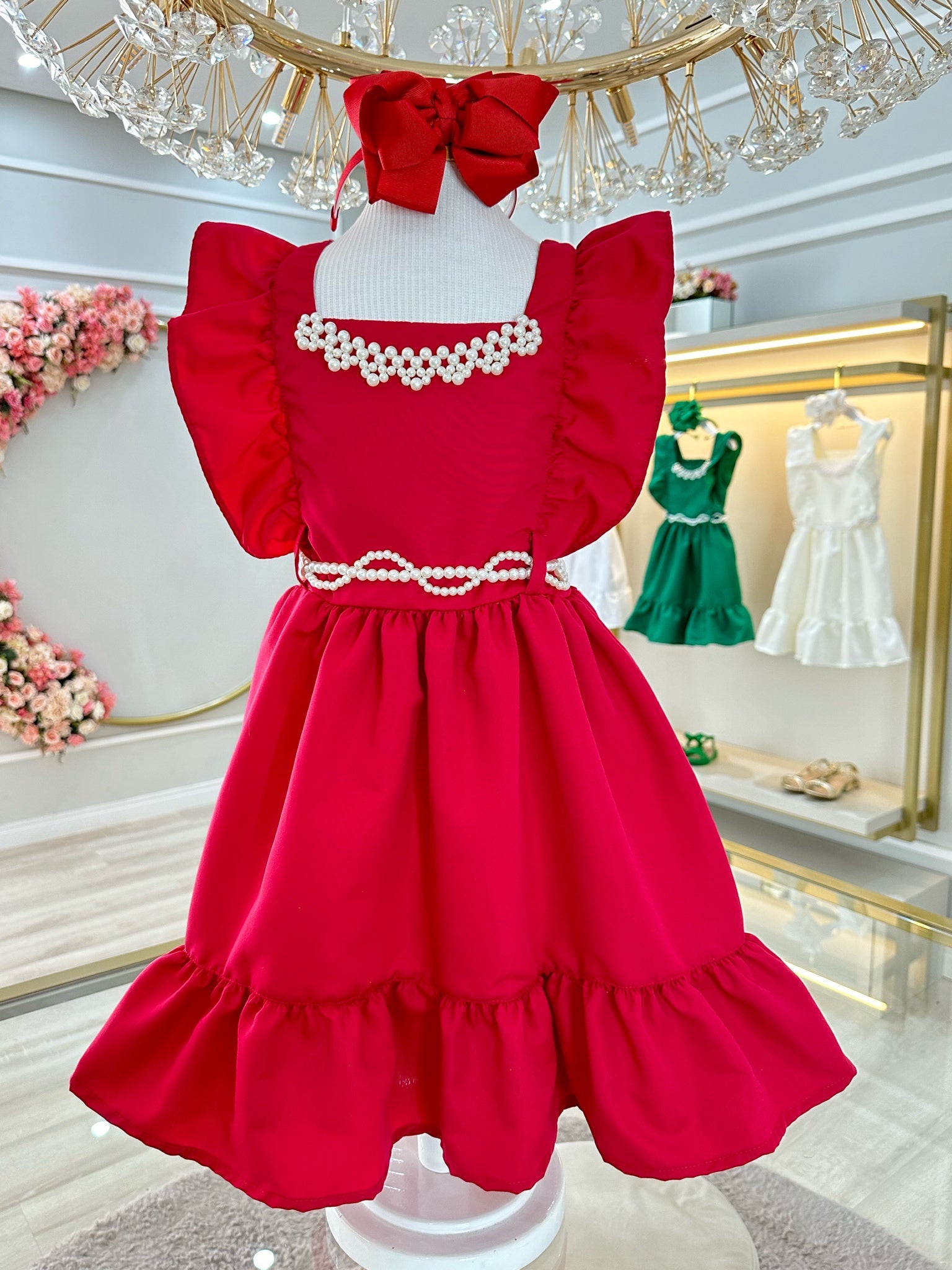 Vestido Infantil Vermelho Luxo Com Pérolas Festas Daminhas