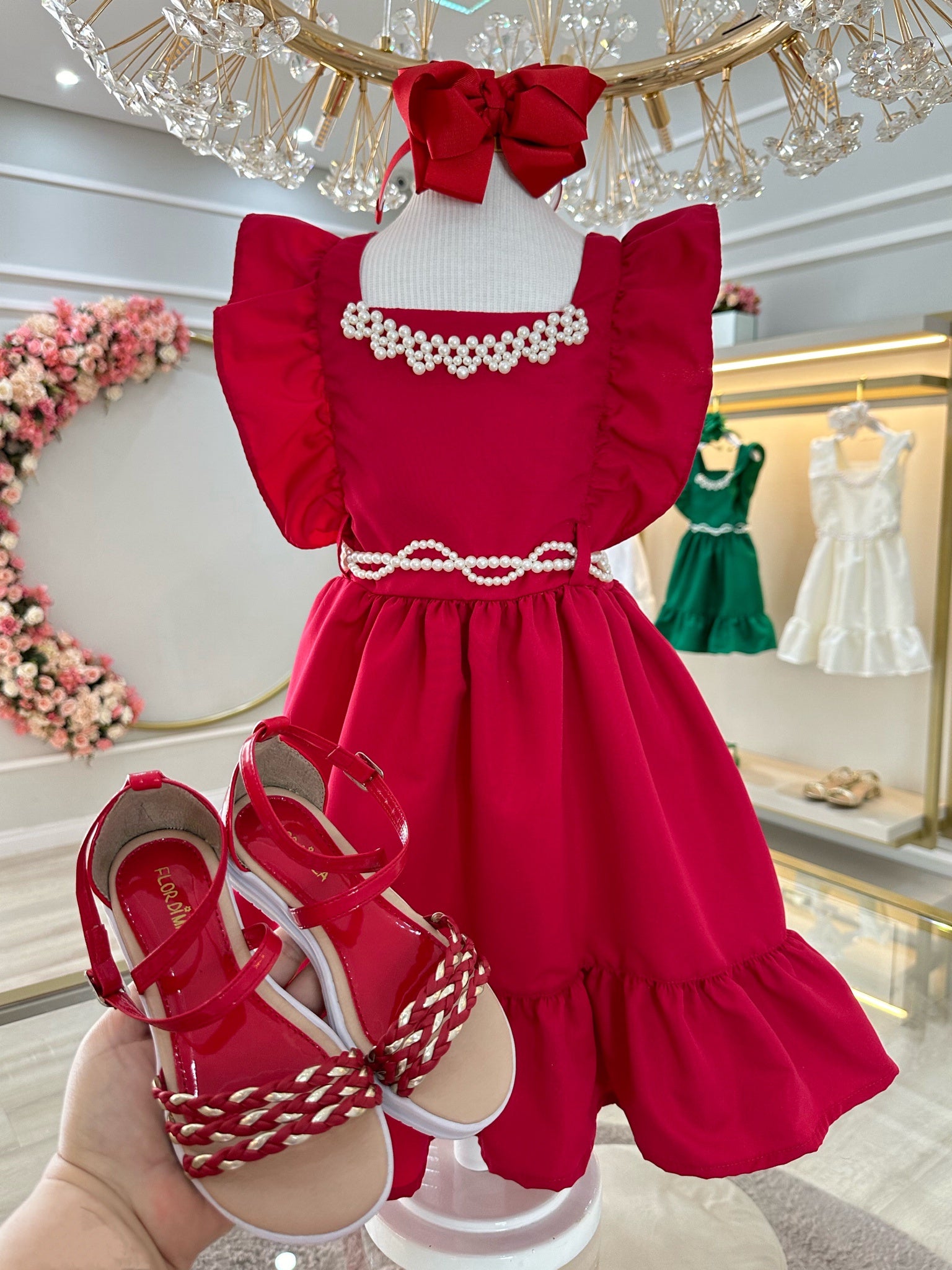 Vestido Infantil Vermelho Luxo Com Pérolas Festas Daminhas
