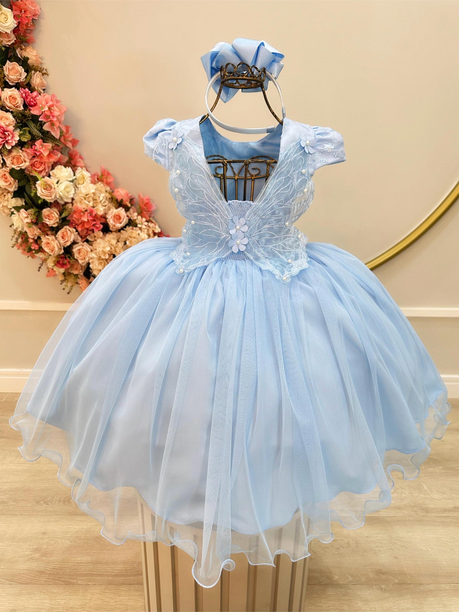 Vestido Infantil Azul Claro Com Renda Jardim Encantado