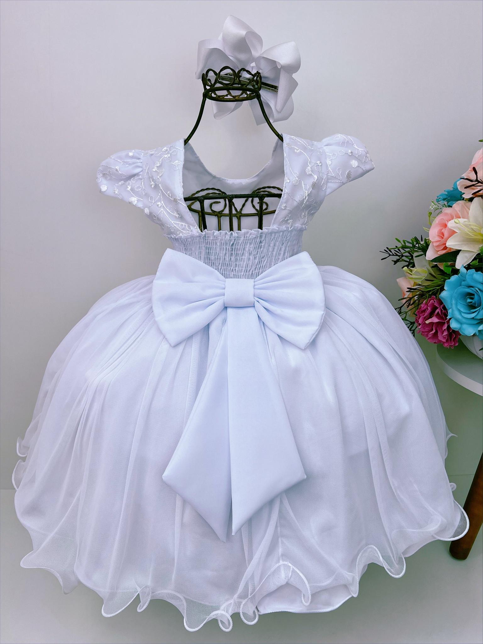 Vestido Infantil Branco C/ Renda Luxo C/ Aplique Flores