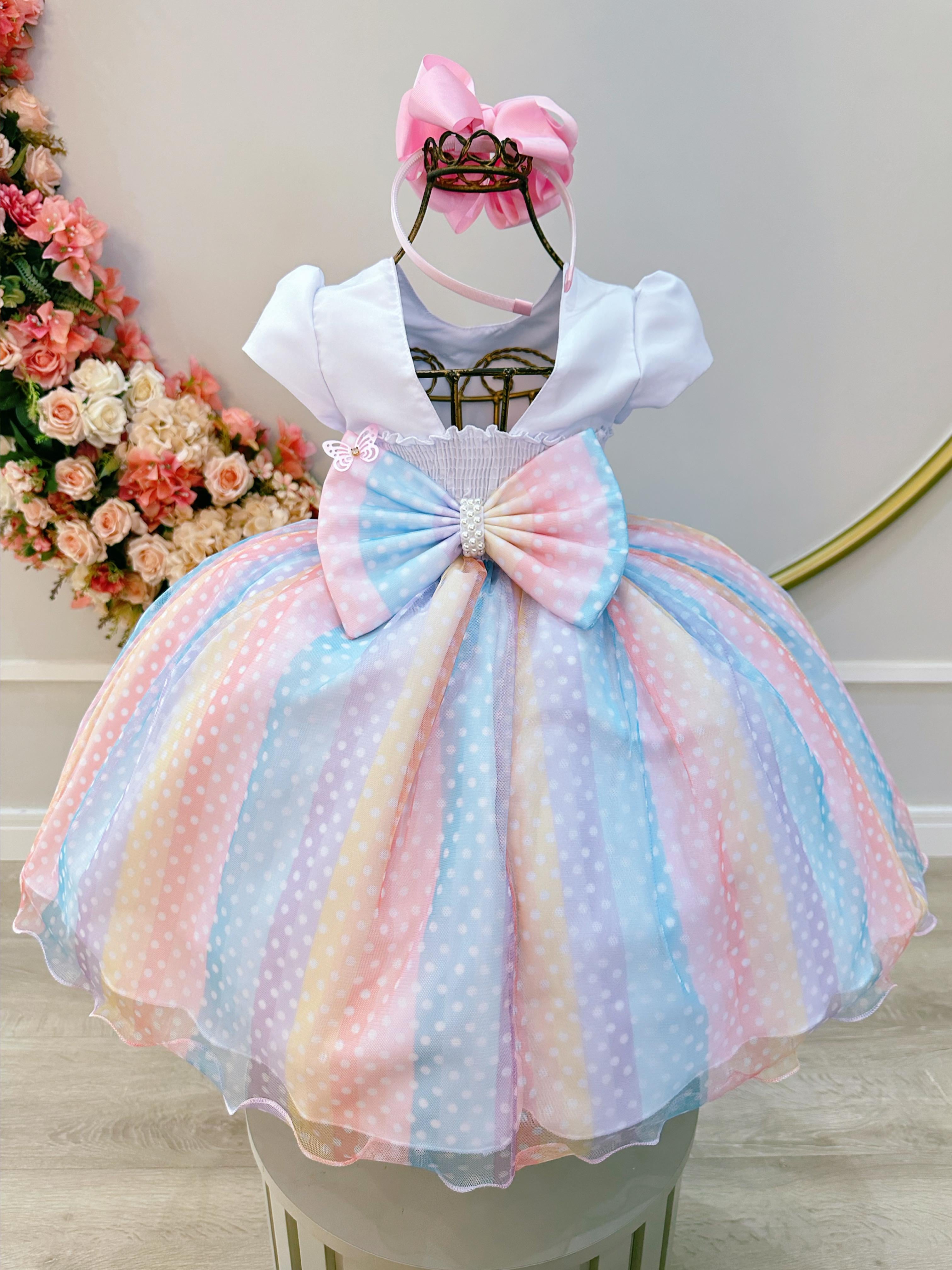 Vestido Infantil Branco Jardim Encantado Chuva de Amor Arco Iris