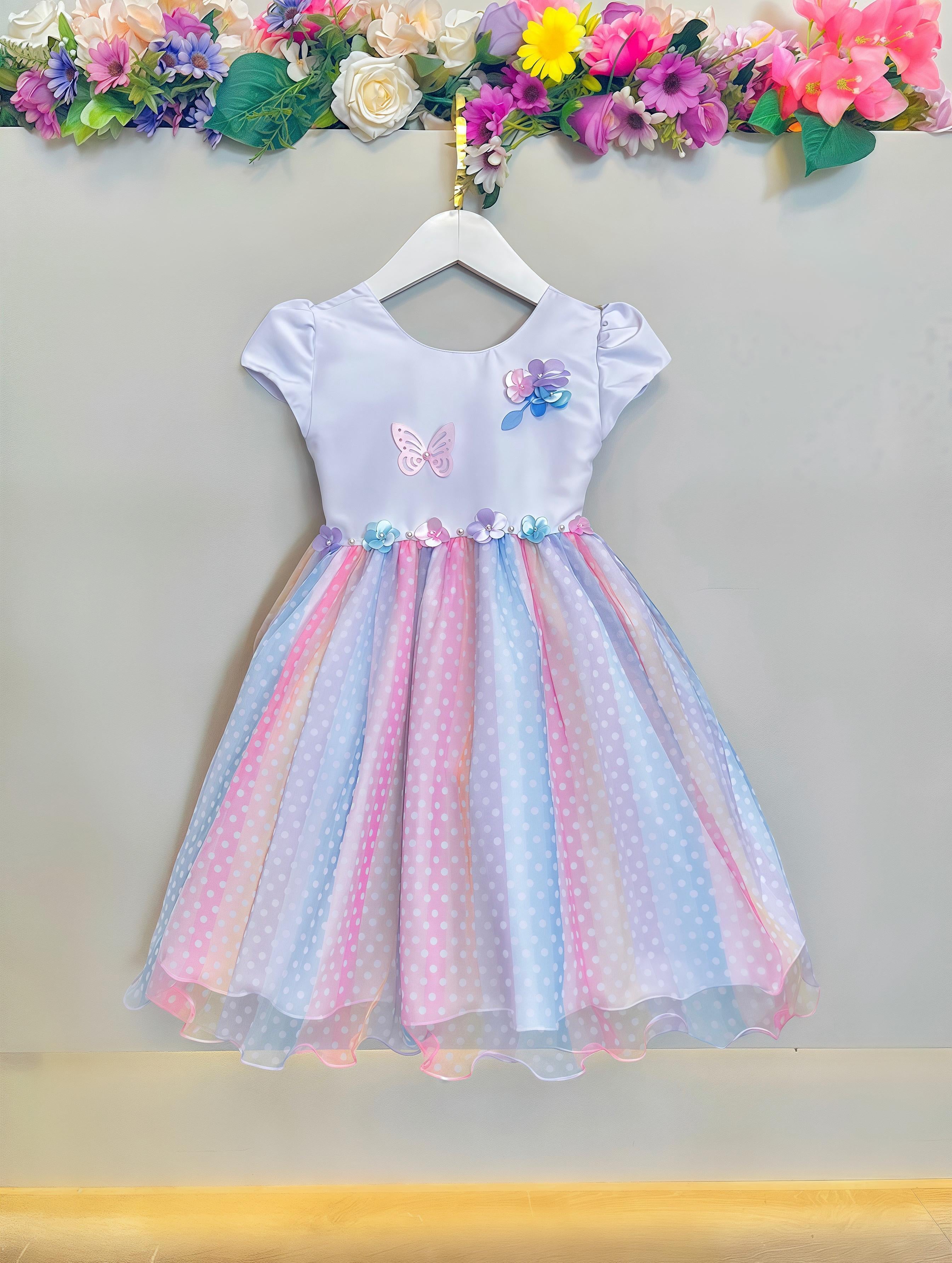 Vestido Infantil Branco Jardim Encantado Chuva de Amor Arco Iris