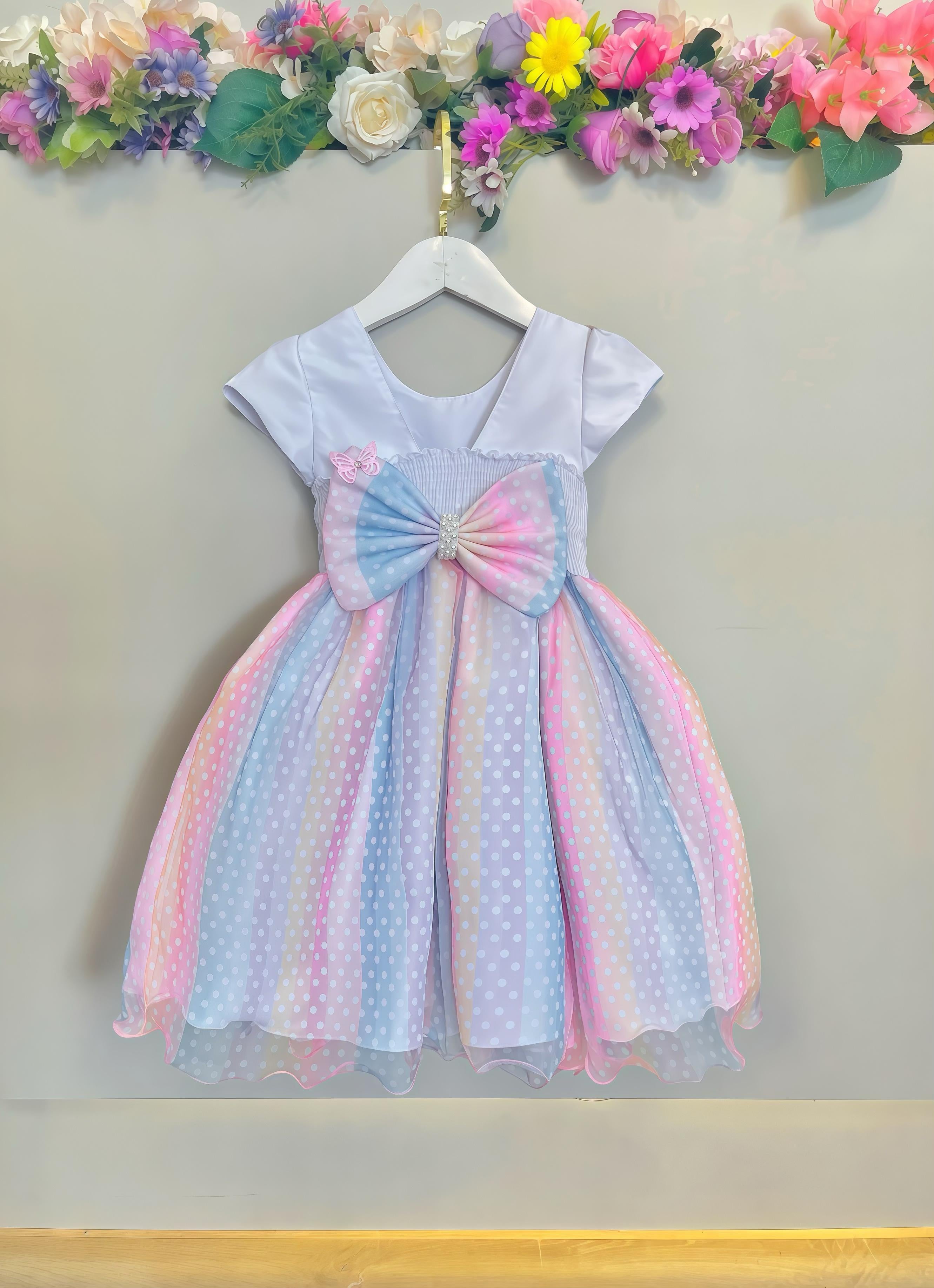 Vestido Infantil Branco Jardim Encantado Chuva de Amor Arco Iris