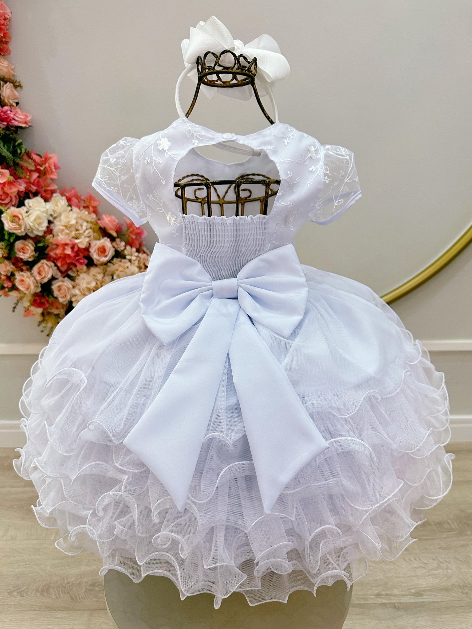 Vestido Infantil Branco Jardim Encantado Saia Com Babados