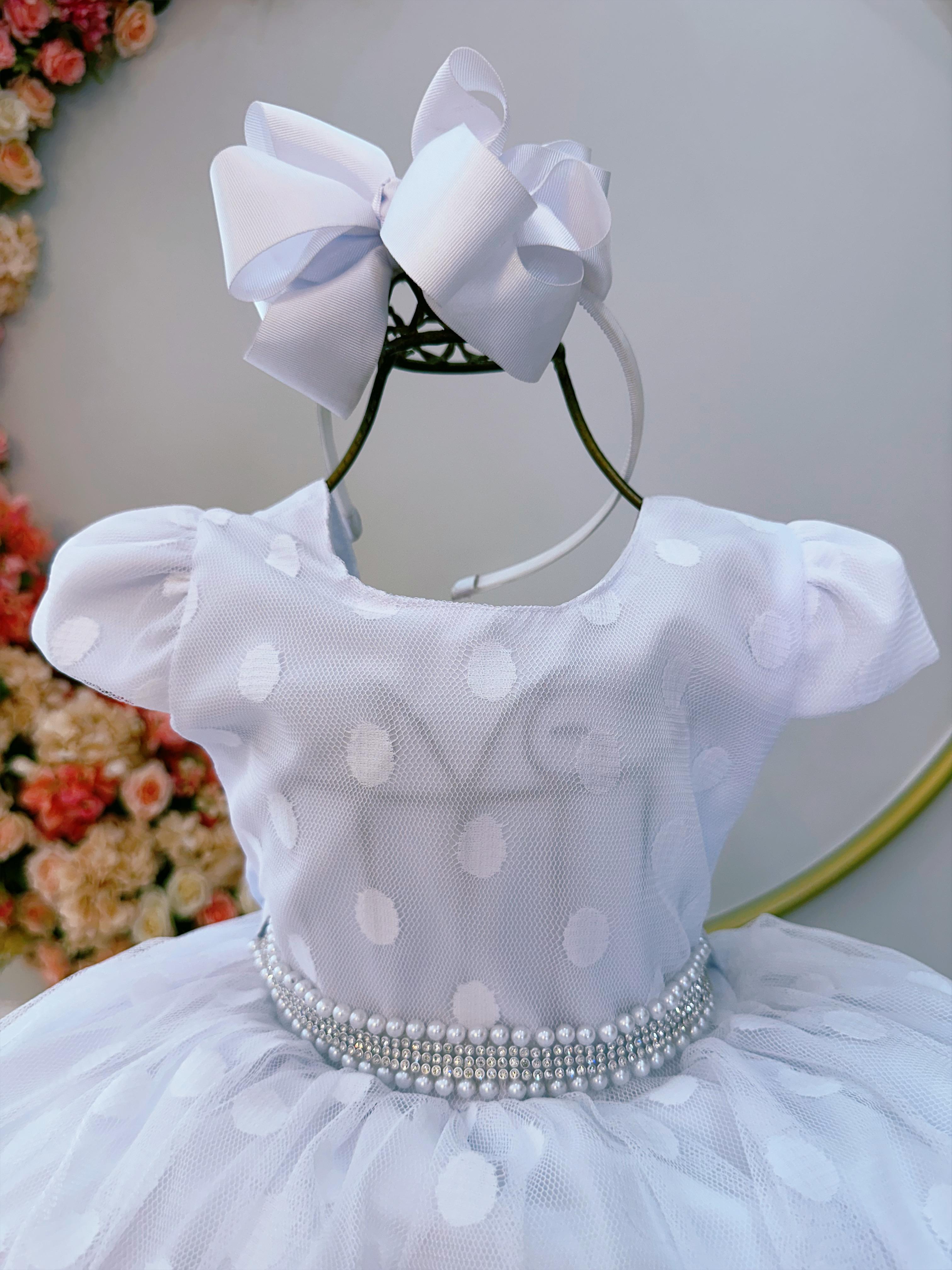 Vestido Infantil Branco Poá Com Cinto de Strass Pérolas