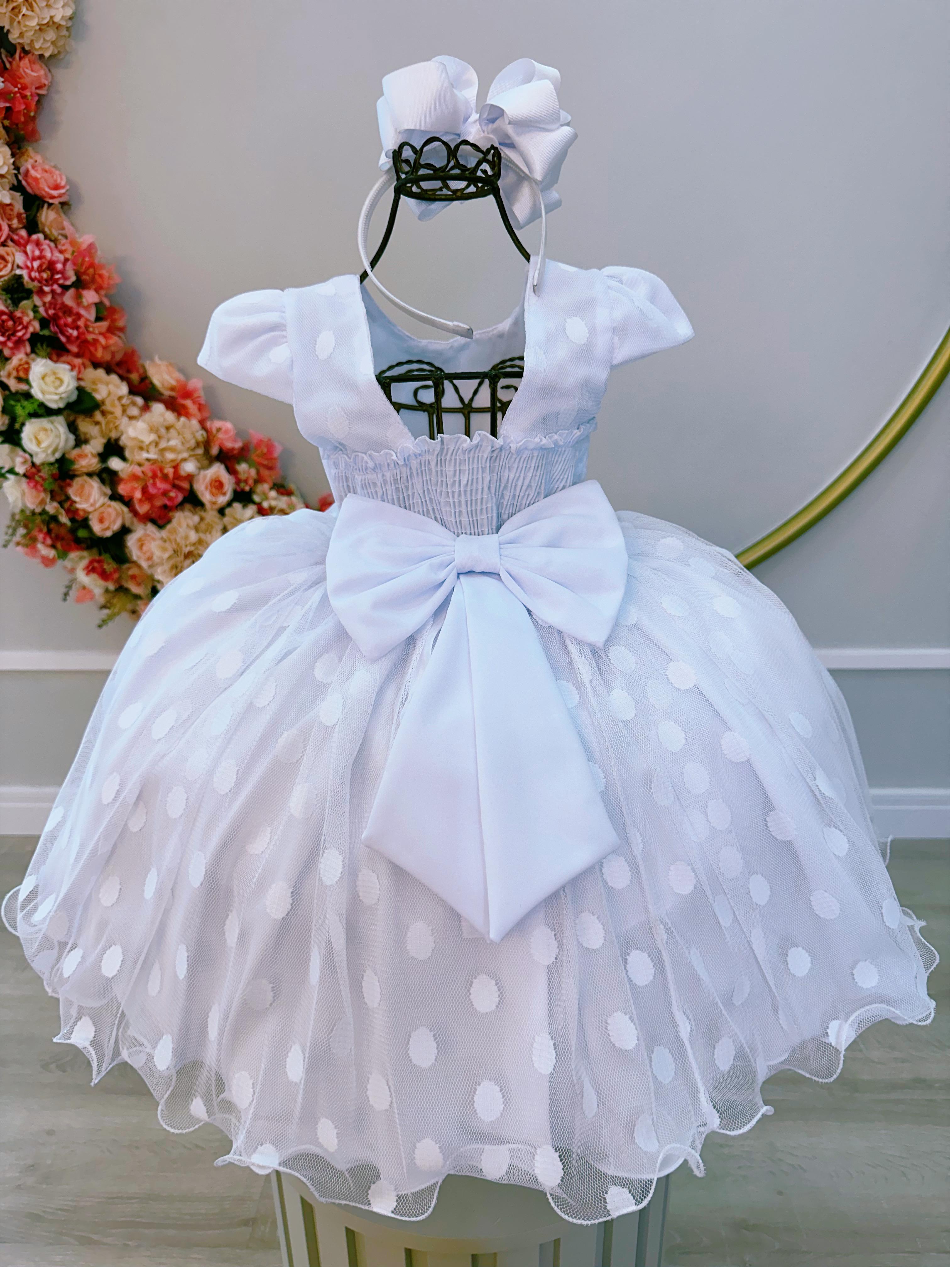 Vestido Infantil Branco Poá Com Cinto de Strass Pérolas