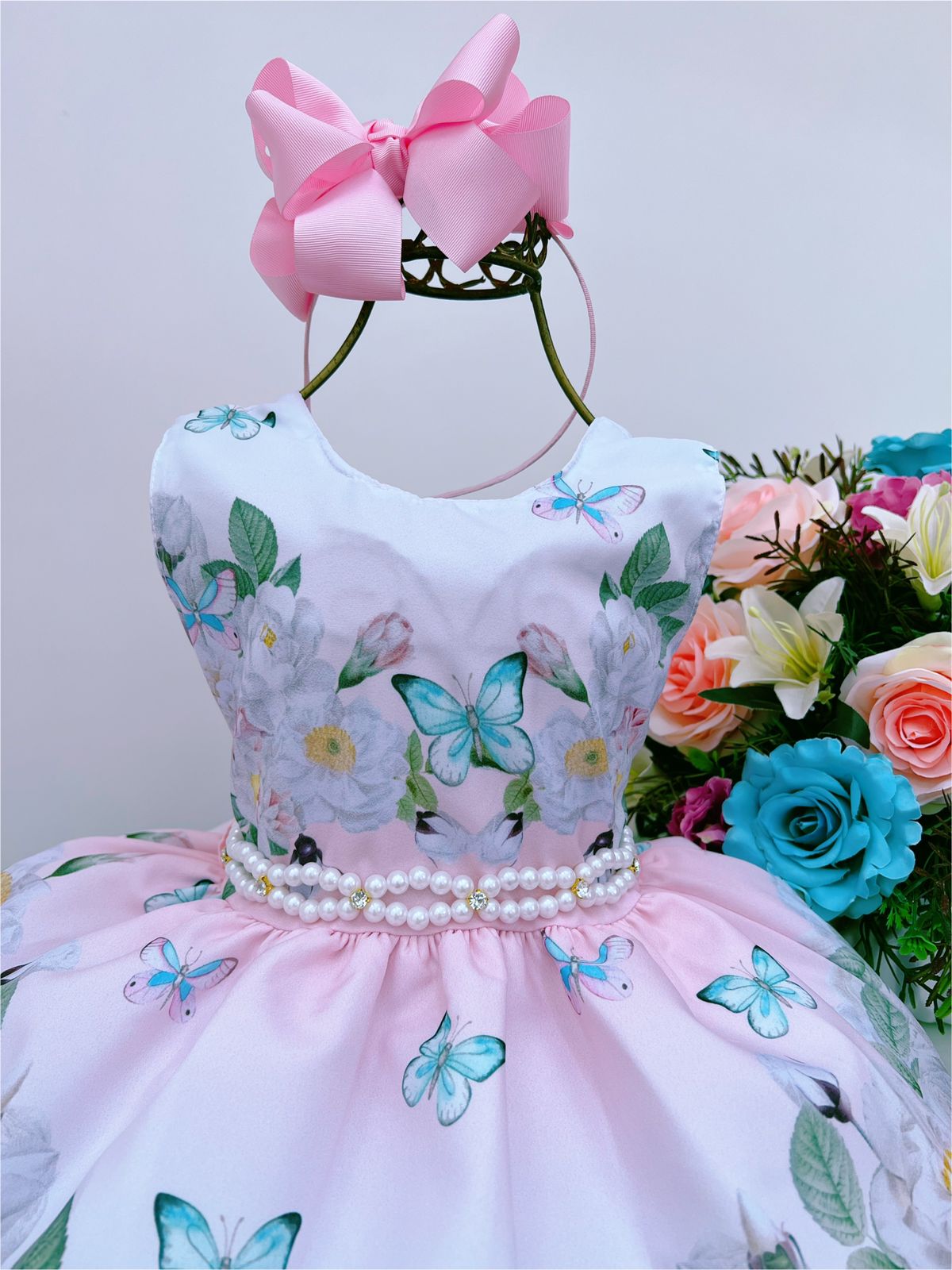 Vestido Infantil Jardim das Borboletas Rosa Cinto de Pérolas