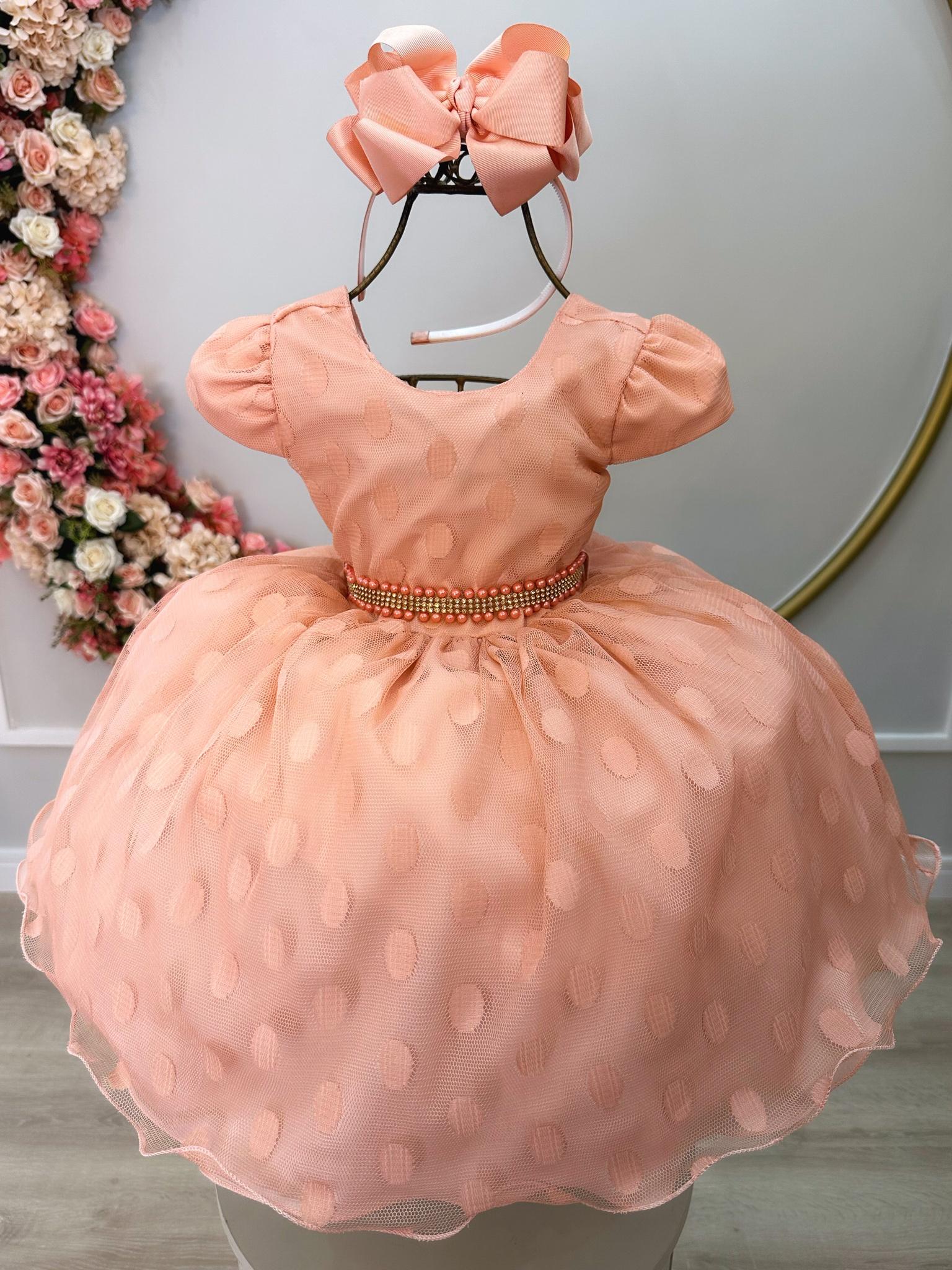 Vestido Infantil Pêssego Poá Com Cinto de Strass e Pérolas