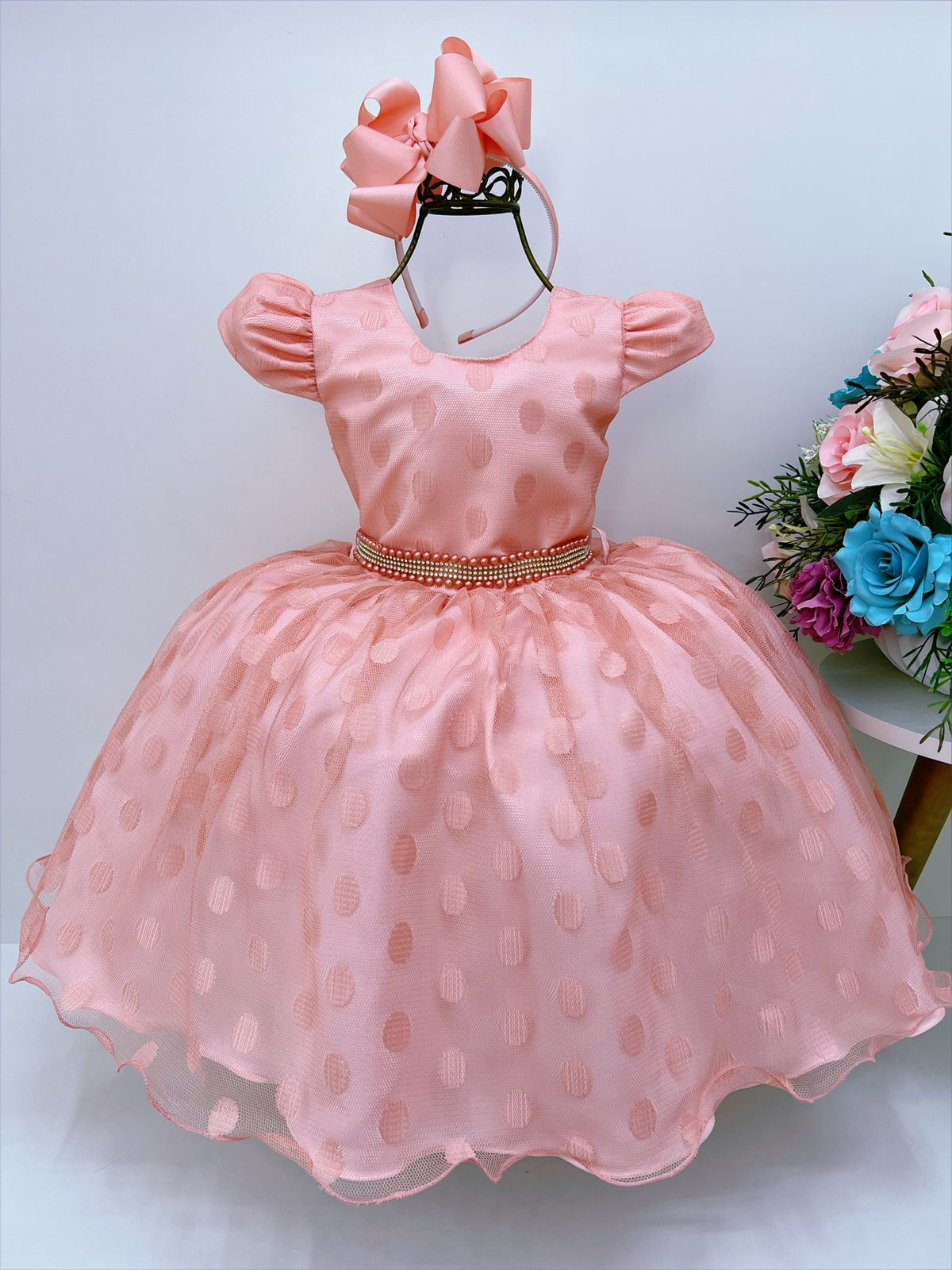 Vestido Infantil Pêssego Tule Com Bolinhas Strass C/ Pérolas