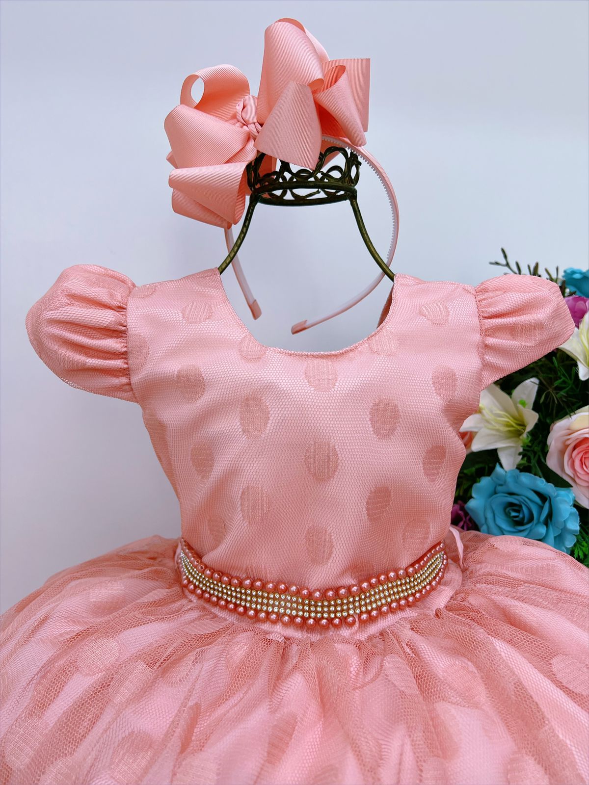 Vestido Infantil Pêssego Tule Com Bolinhas Strass C/ Pérolas