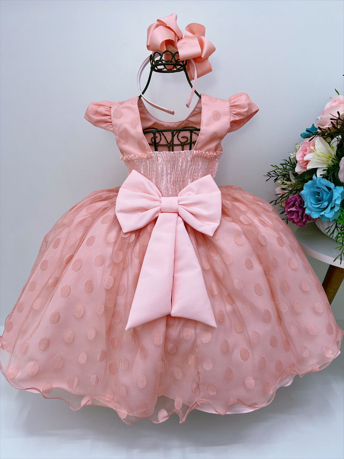 Vestido Infantil Pêssego Tule Com Bolinhas Strass C/ Pérolas