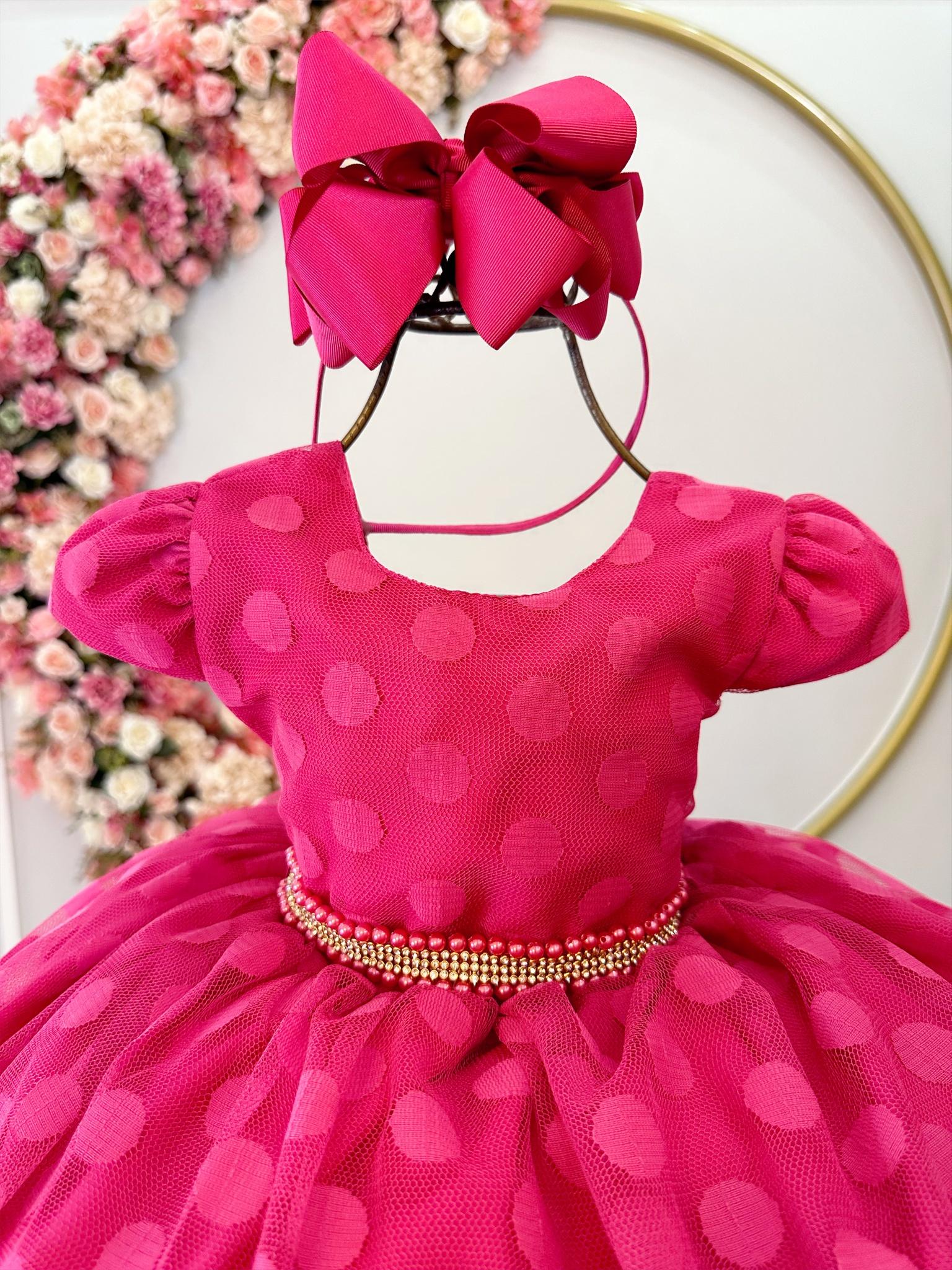 Vestido Infantil Pink Poá Com Cinto de Pérolas e Strass