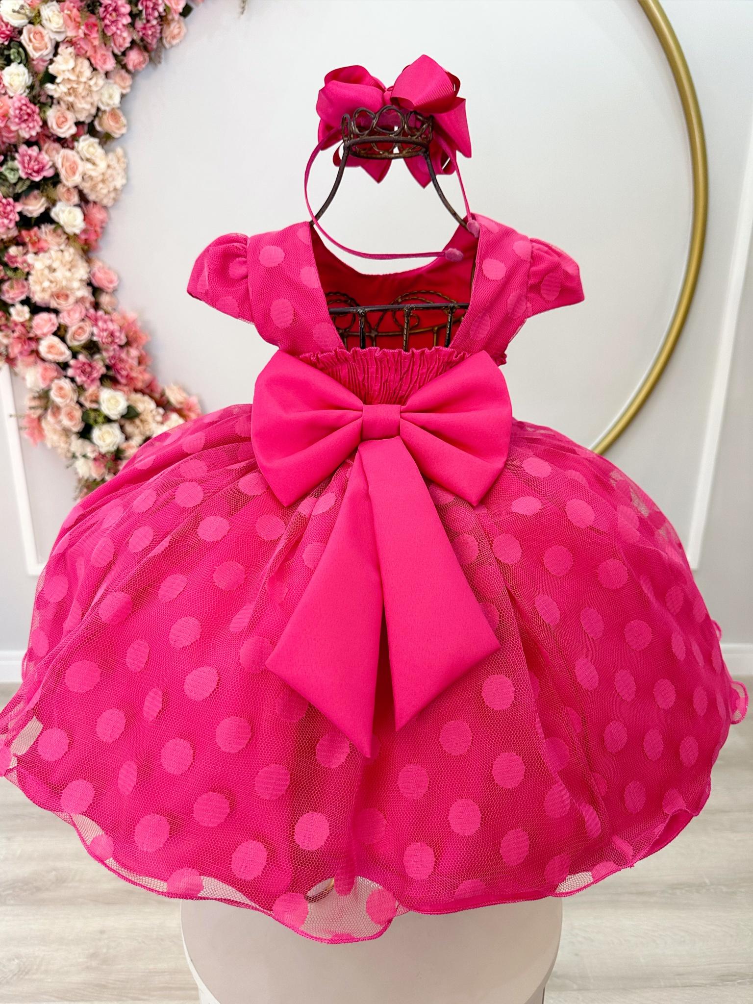 Vestido Infantil Pink Poá Com Cinto de Pérolas e Strass