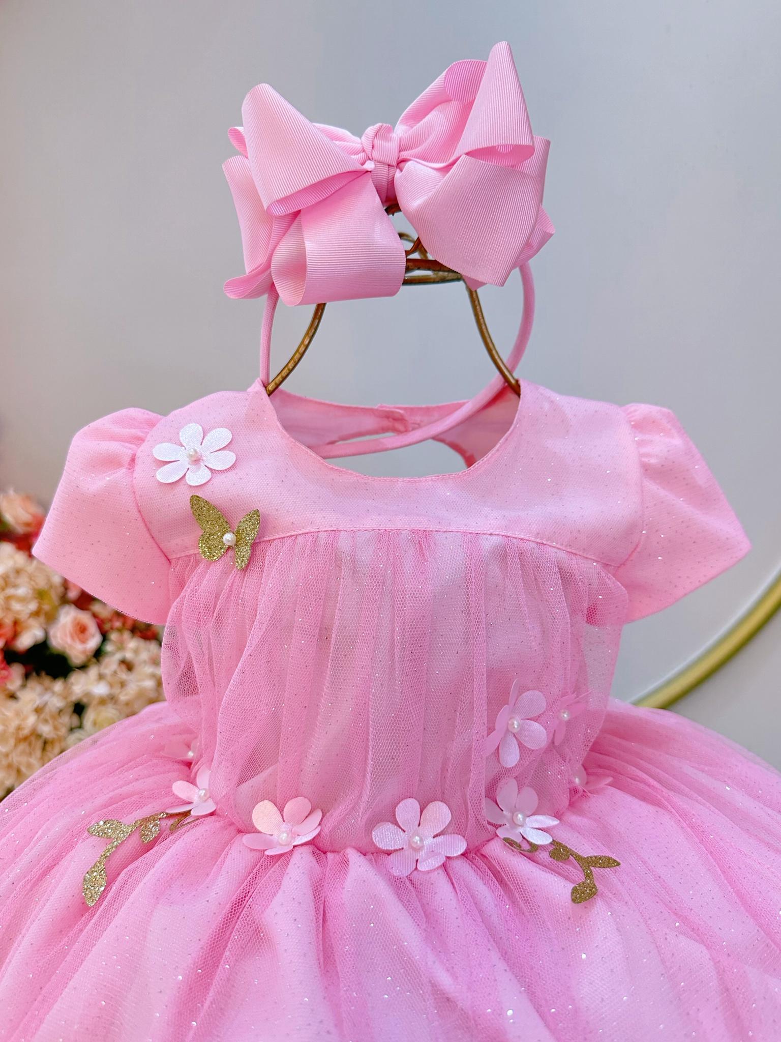 Vestido Infantil Rosa Bebê Jardim Encantado C/ Babados Luxo