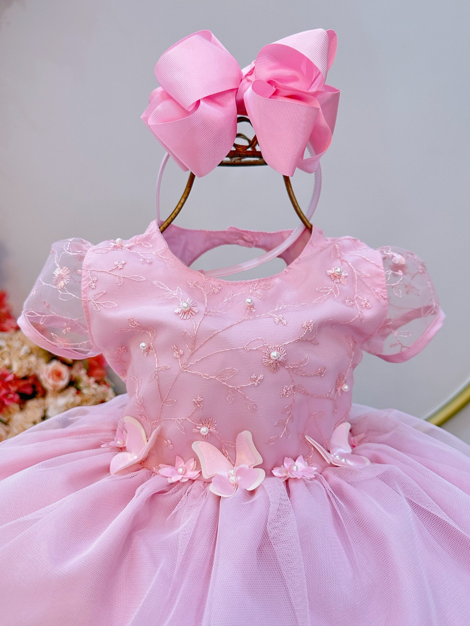 Vestido Infantil Rosa Claro Jardim Encantado Saia C/ Babados
