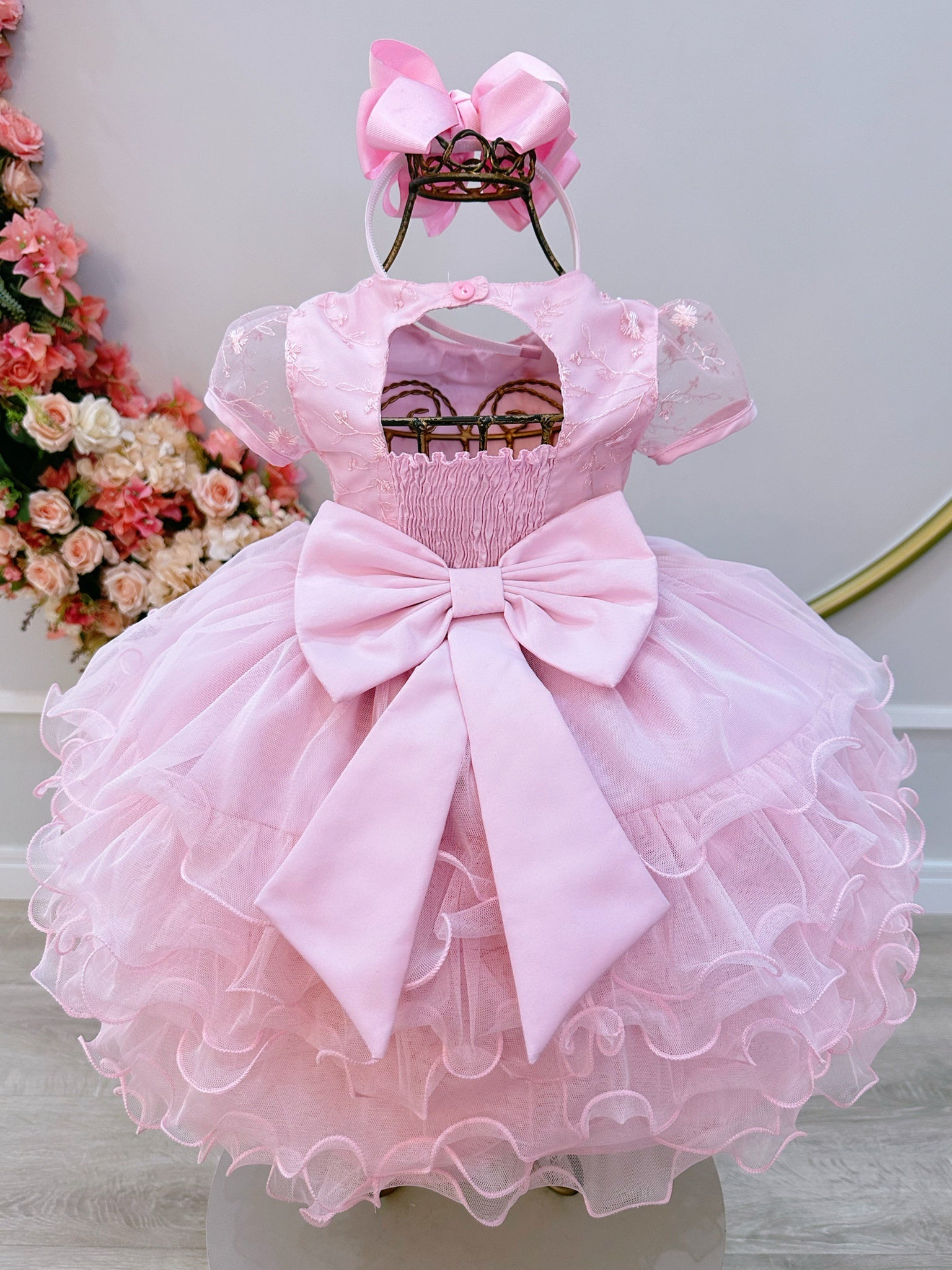 Vestido Infantil Rosa Claro Jardim Encantado Saia C/ Babados