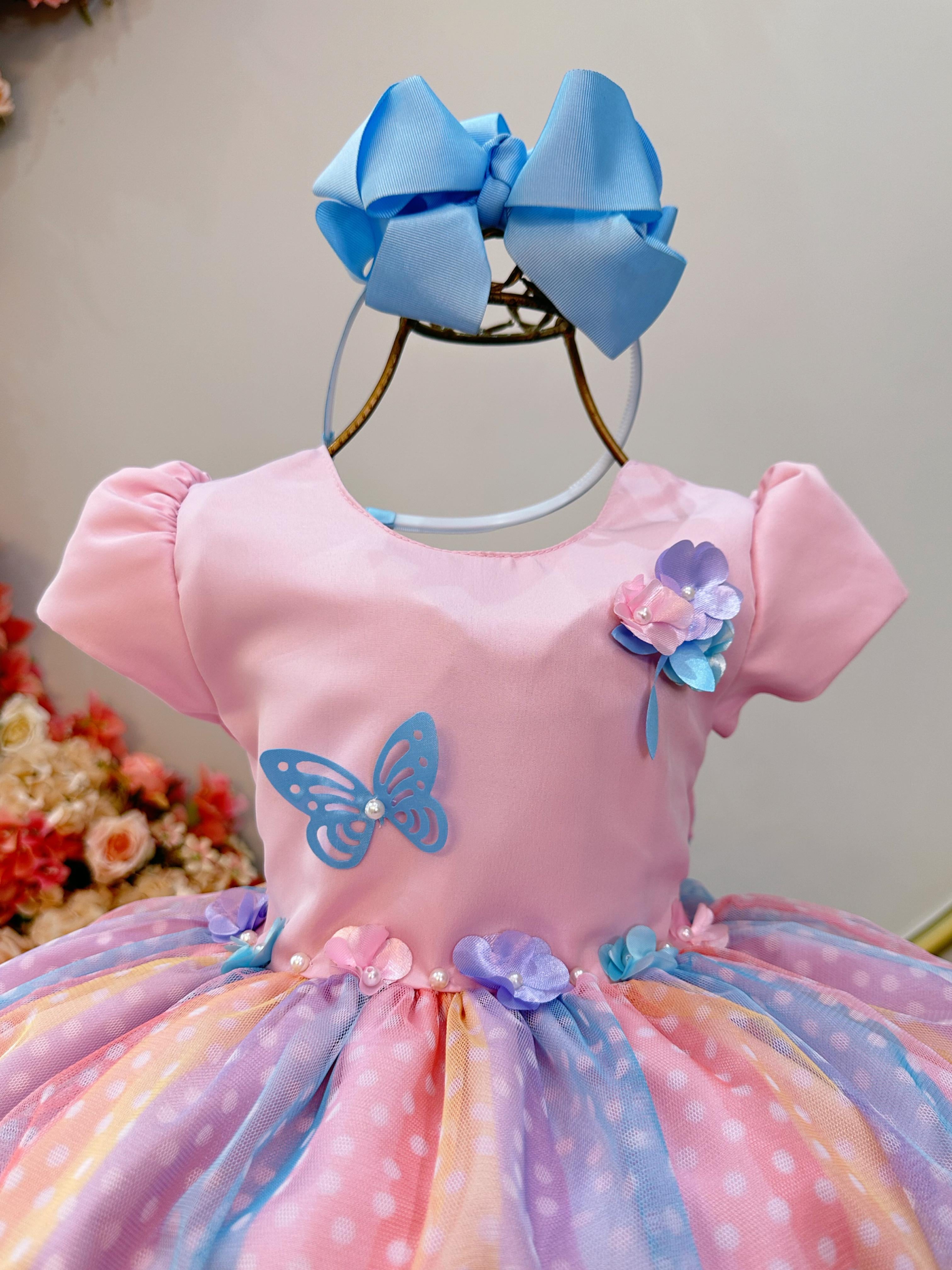 Vestido Infantil Rosa Jardim Encantado Chuva de Amor Arco Iris