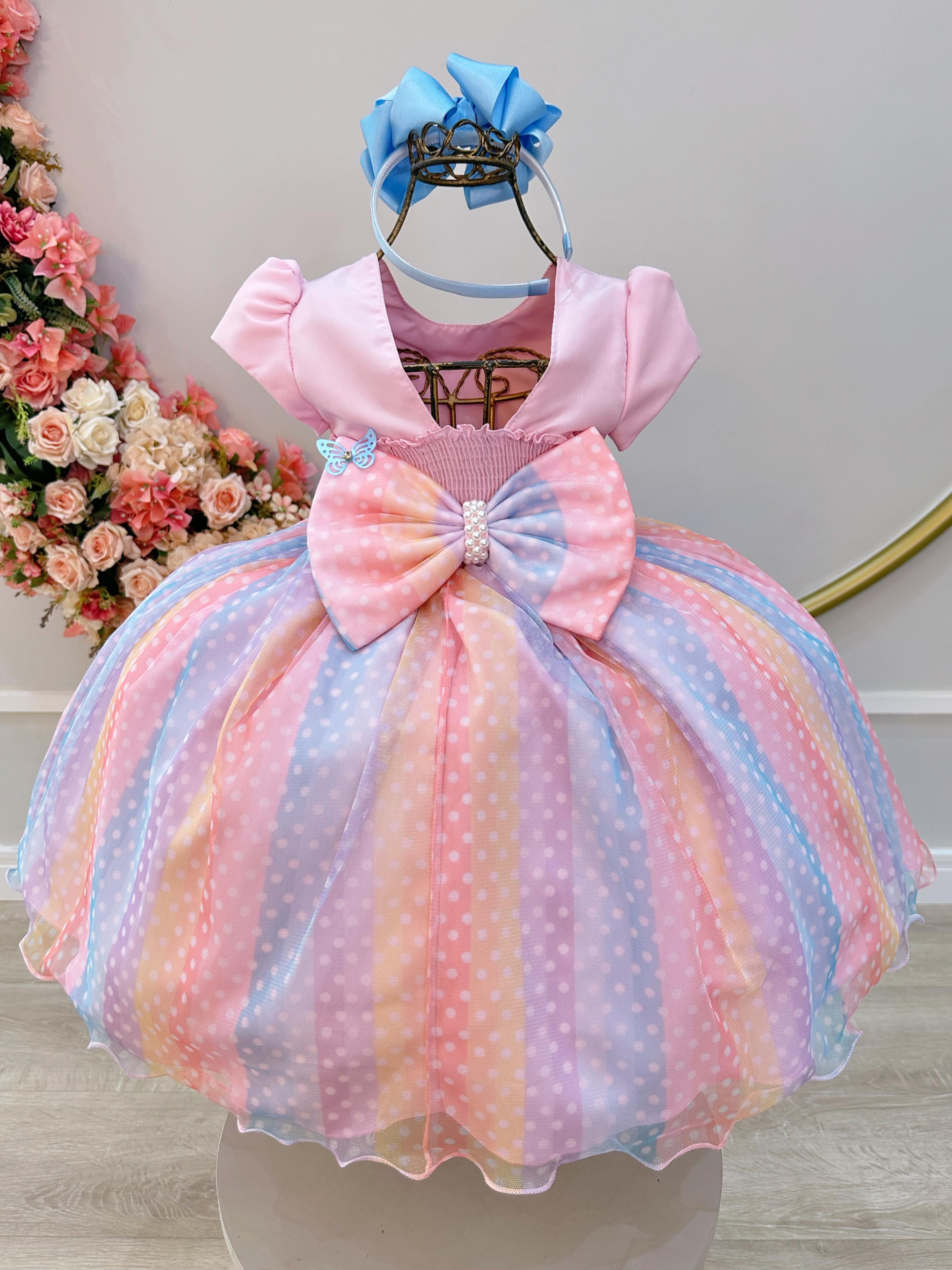 Vestido Infantil Rosa Jardim Encantado Chuva de Amor Arco Iris