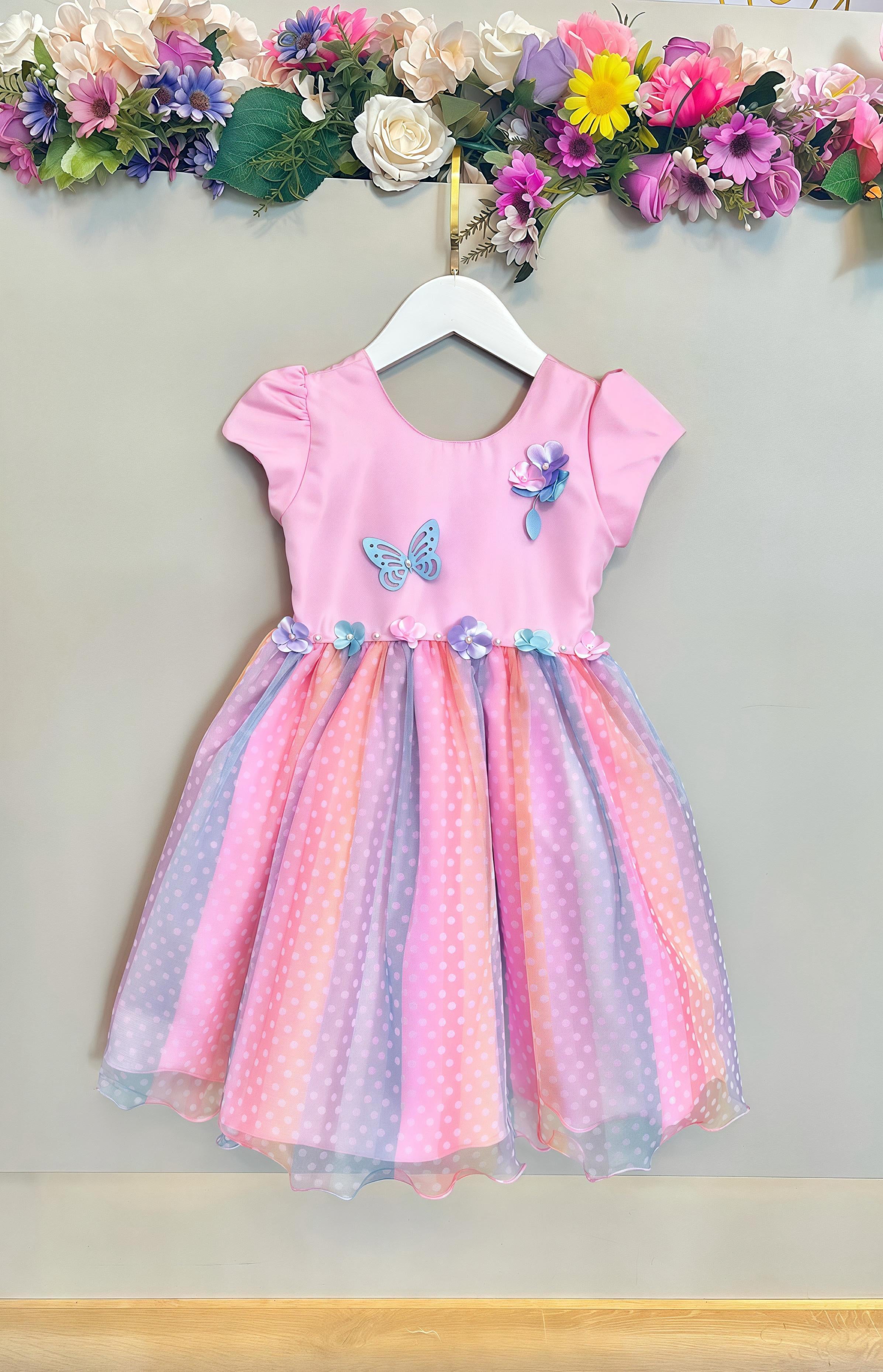 Vestido Infantil Rosa Jardim Encantado Chuva de Amor Arco Iris