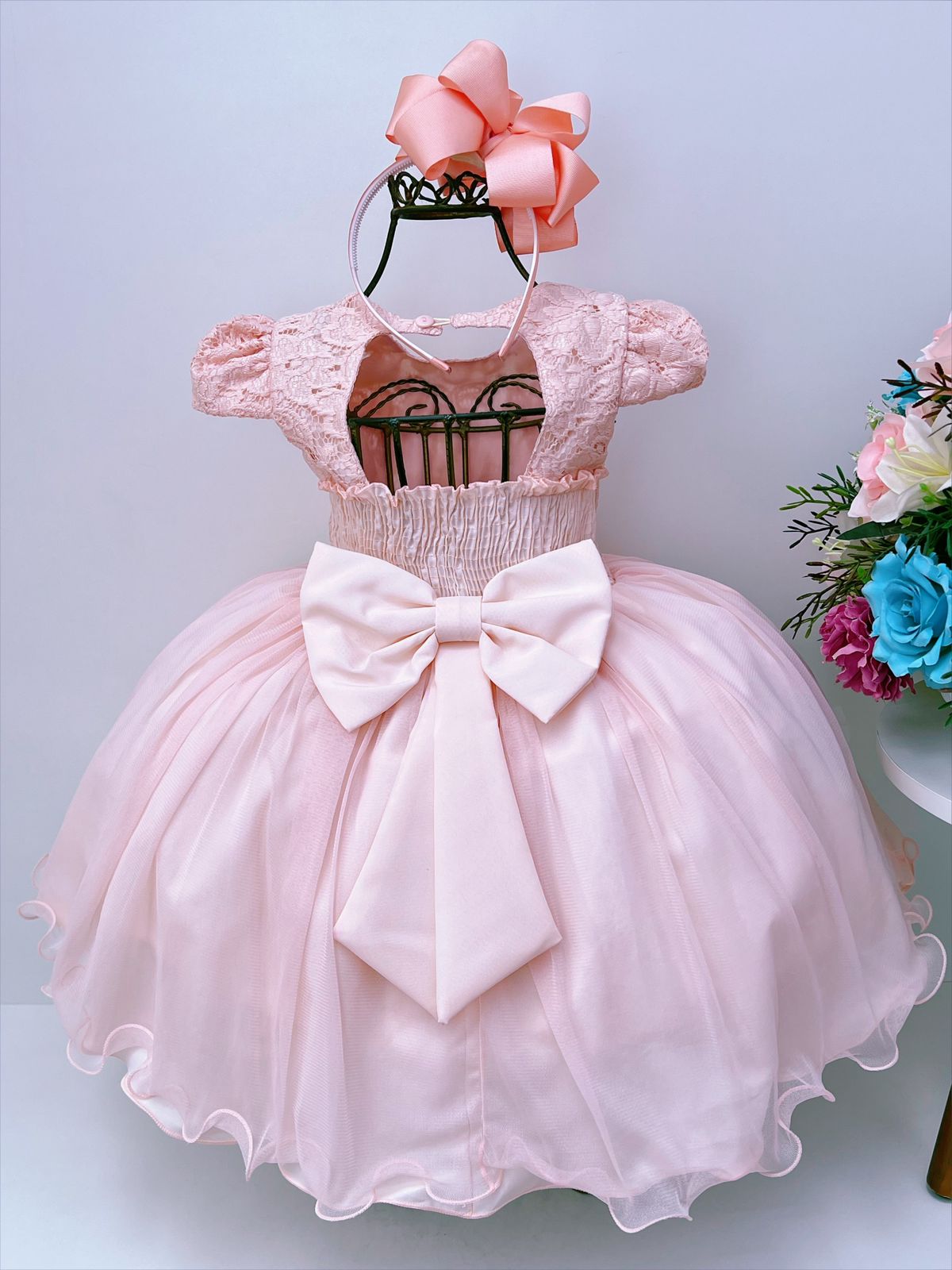 Vestido Infantil Salmão Rendado Flores em Aplique Luxo