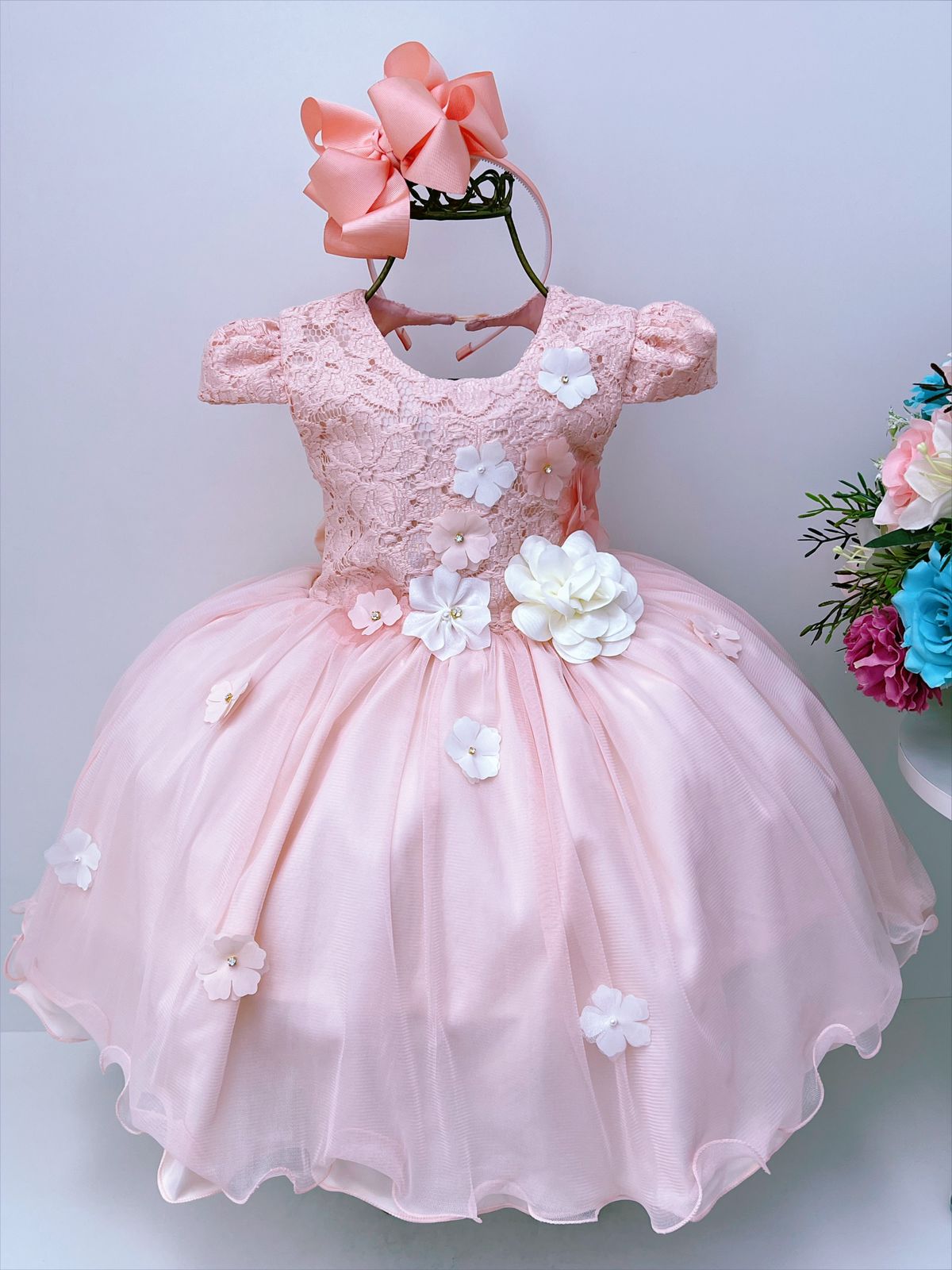 Vestido Infantil Salmão Rendado Flores em Aplique Luxo