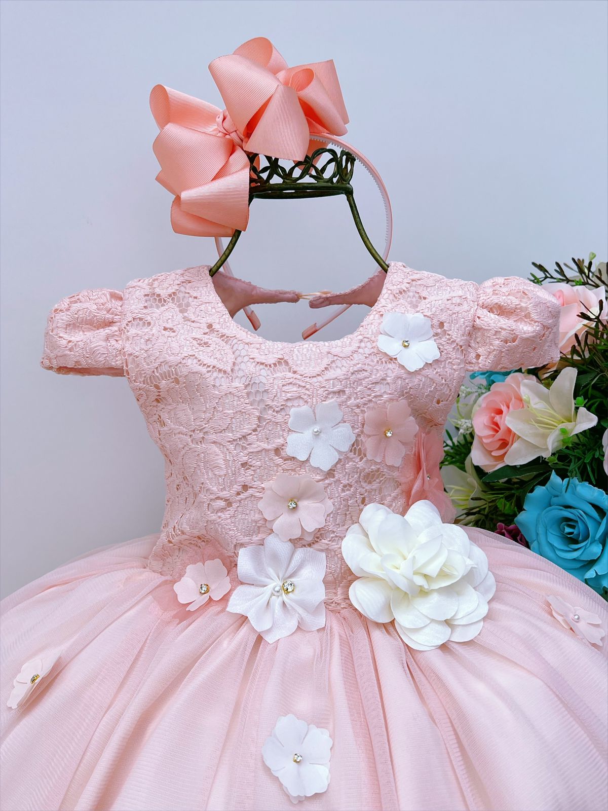 Vestido Infantil Salmão Rendado Flores em Aplique Luxo