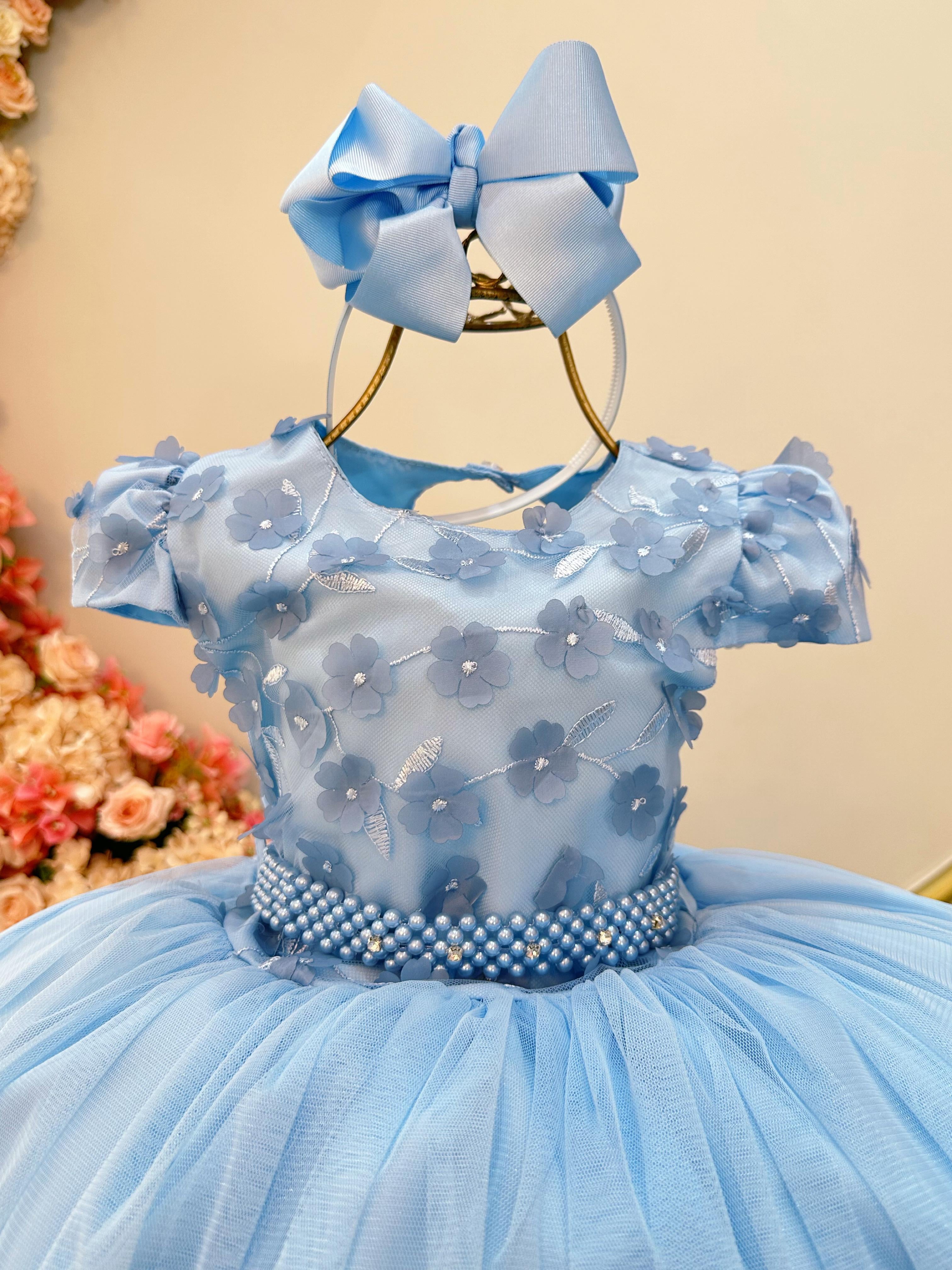 Vestido Infantil Azul Claro C/ Renda e Aplique de Flores