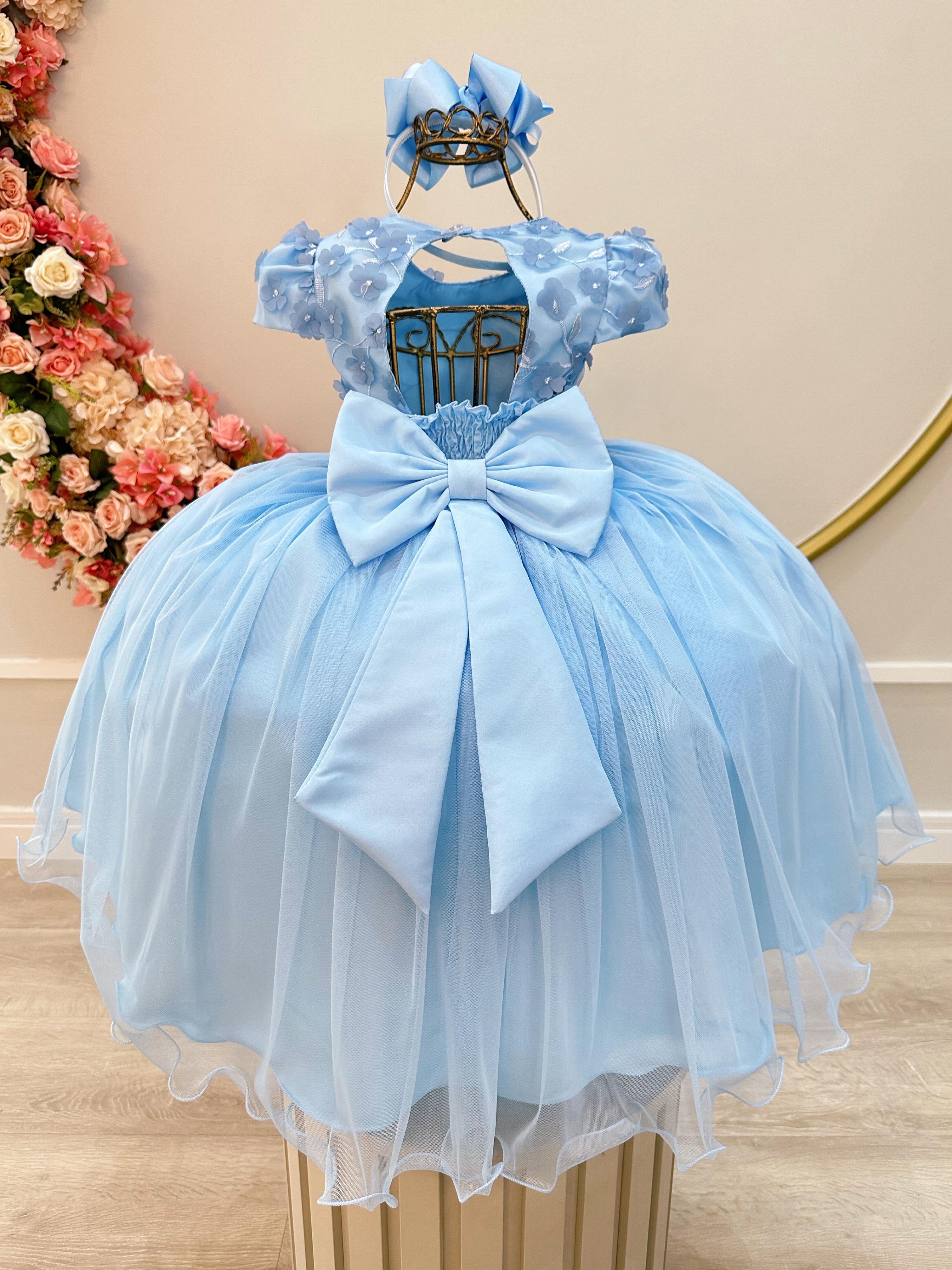 Vestido Infantil Azul Claro C/ Renda e Aplique de Flores