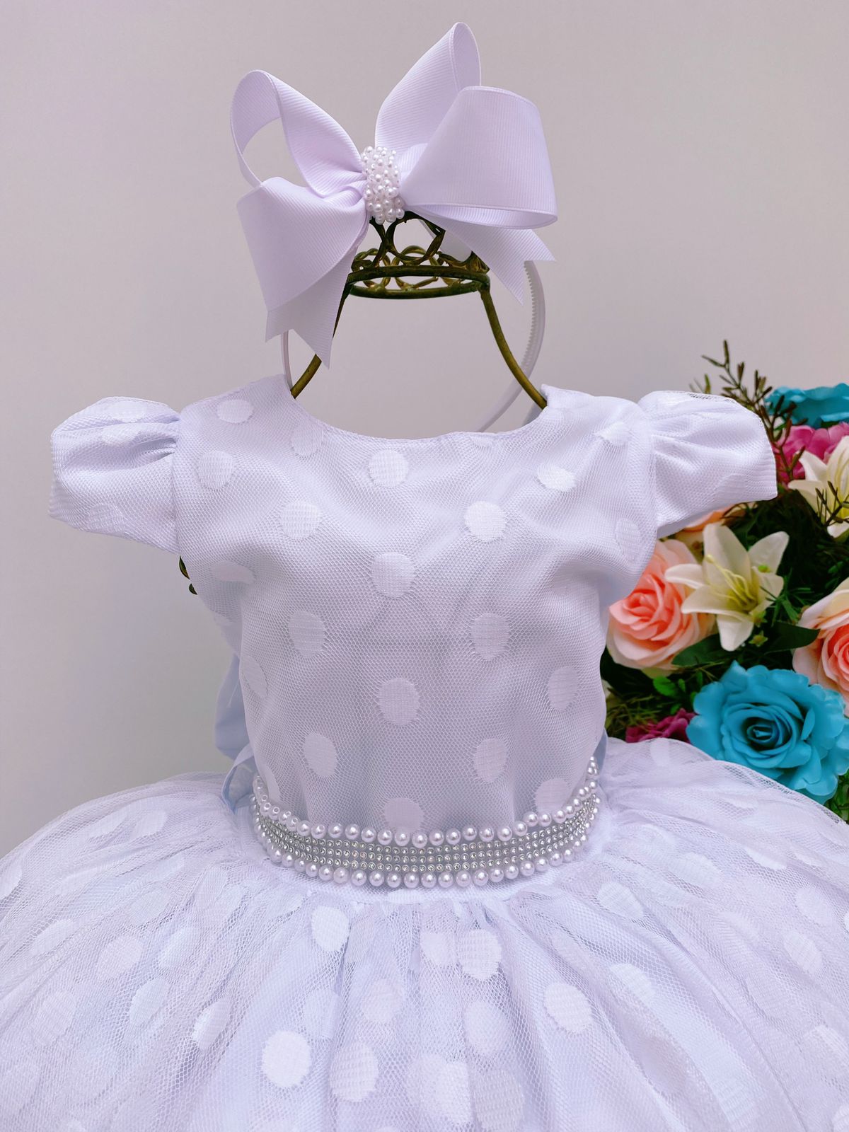 Vestido Infantil Branco Bolinhas Cinto Strass C/ Pérolas Luxo