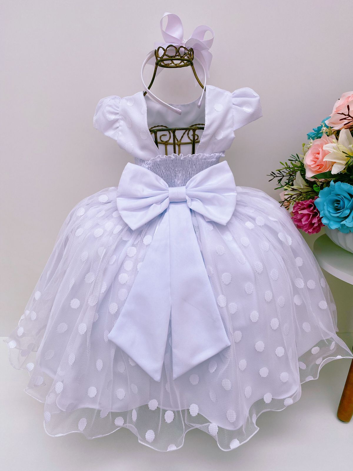 Vestido Infantil Branco Bolinhas Cinto Strass C/ Pérolas Luxo