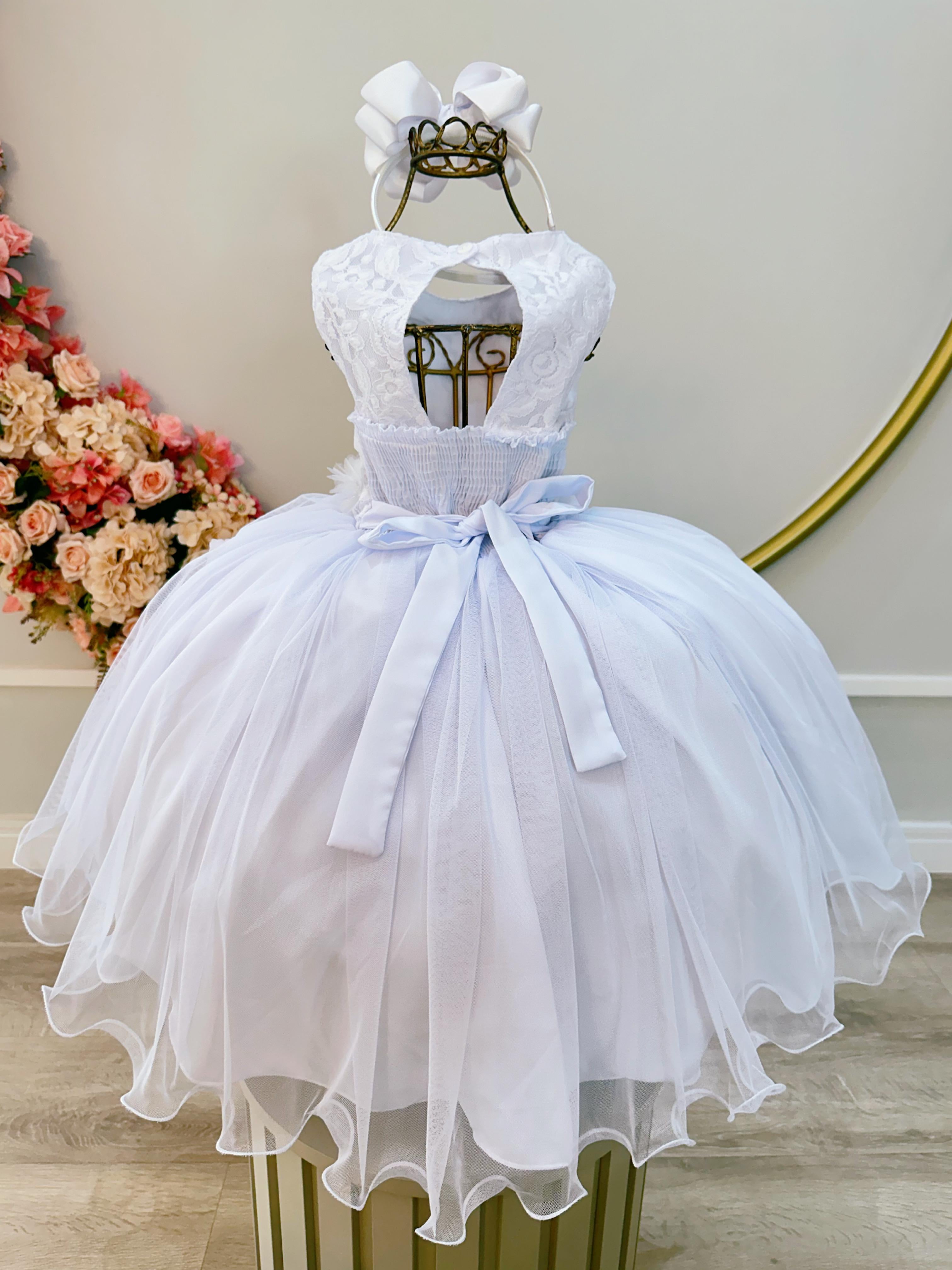 Vestido Infantil Branco C/ Renda e Aplique de Flores Formatura