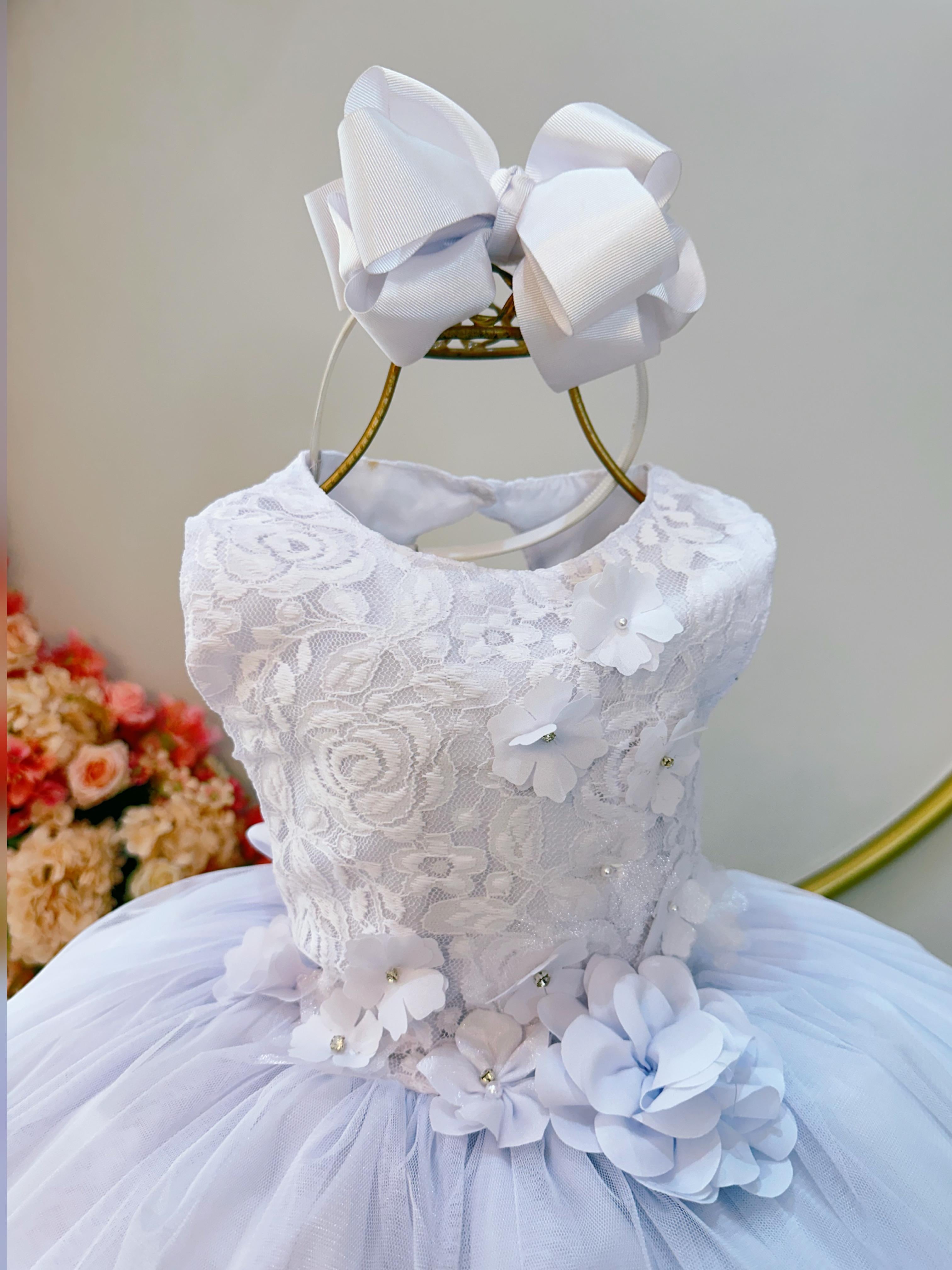 Vestido Infantil Branco C/ Renda e Aplique de Flores Formatura