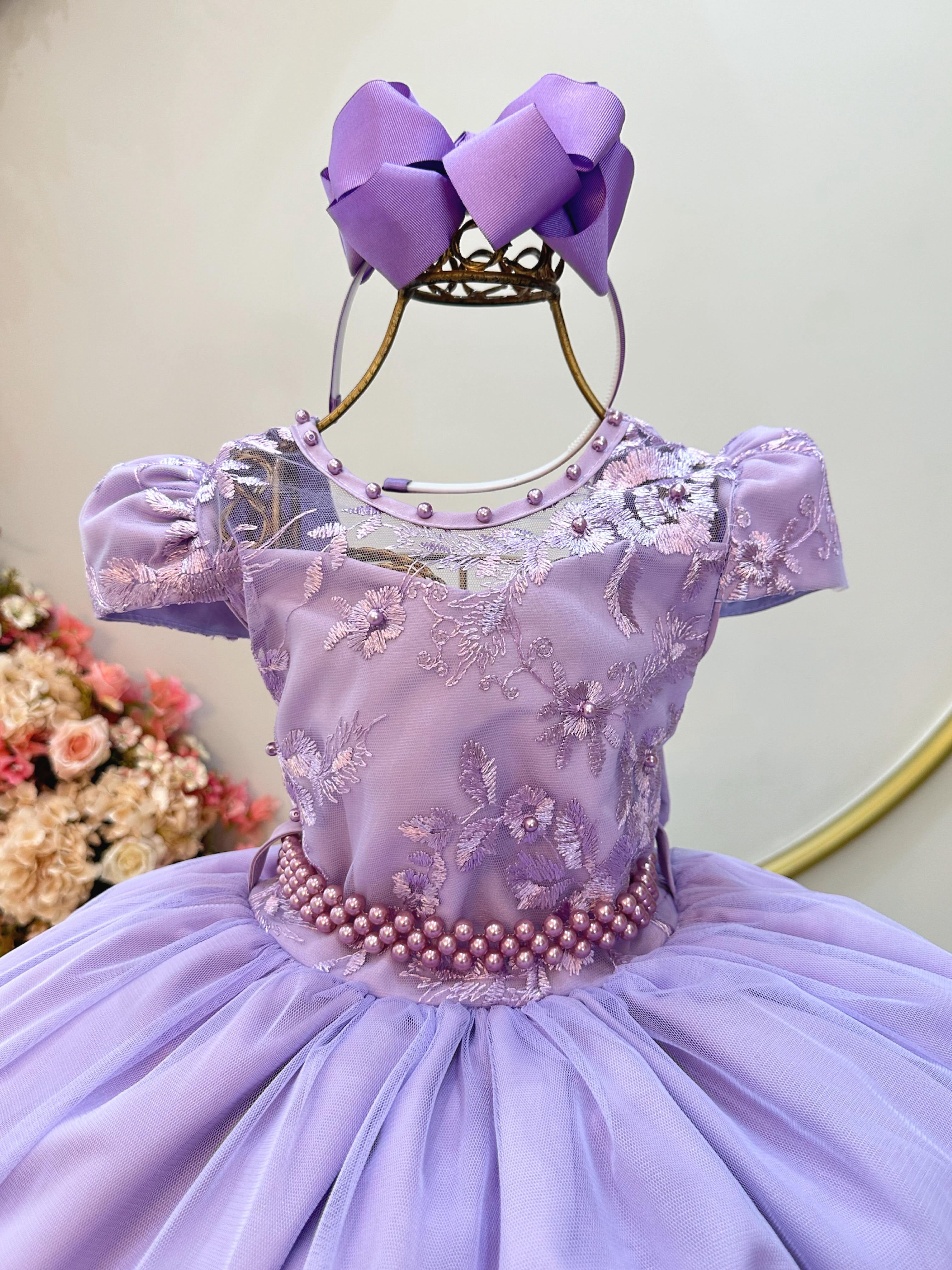 Vestido Infantil Lilás C/ Renda e Pérolas Festas Daminhas
