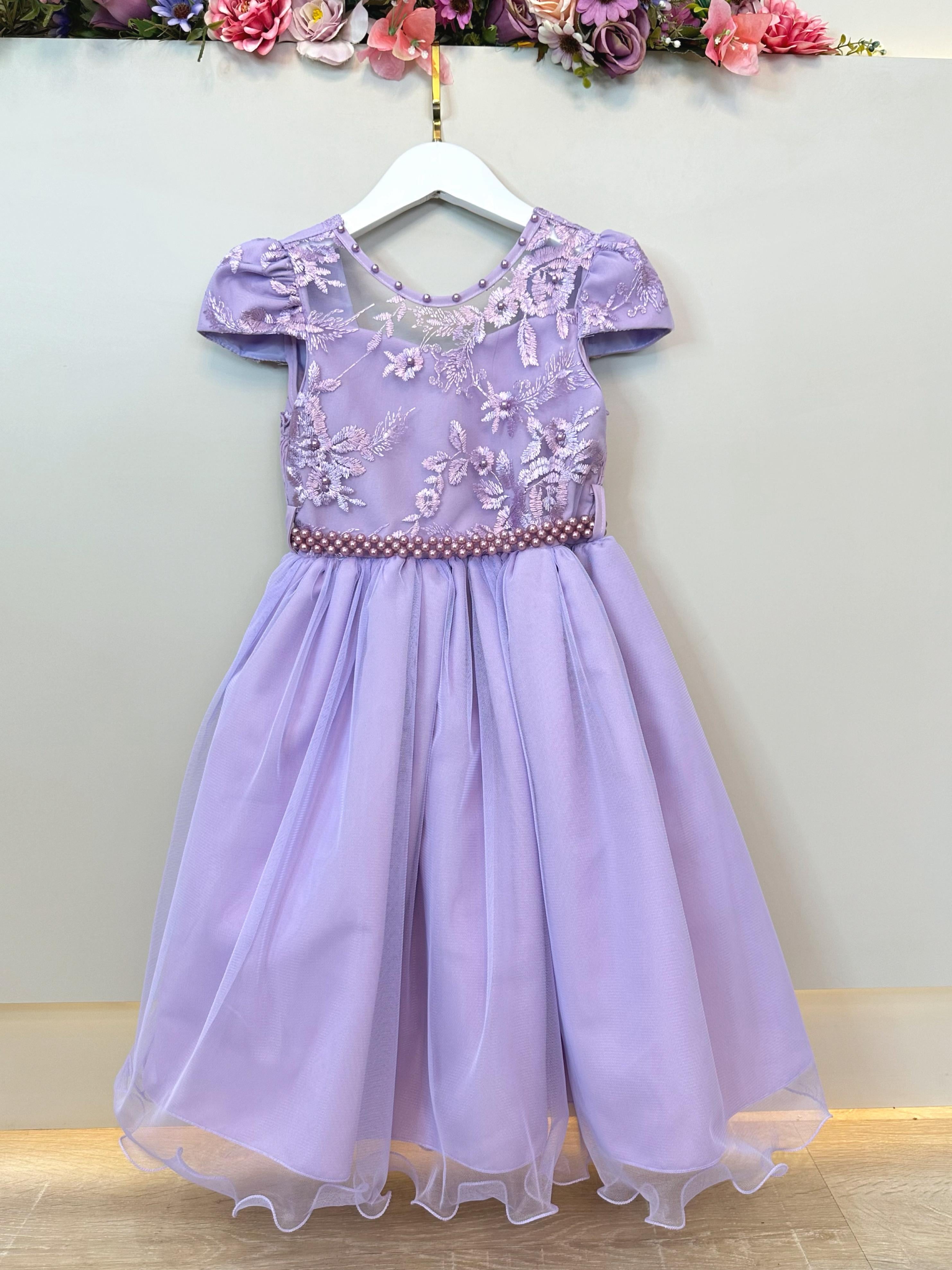 Vestido Infantil Lilás C/ Renda e Pérolas Festas Daminhas