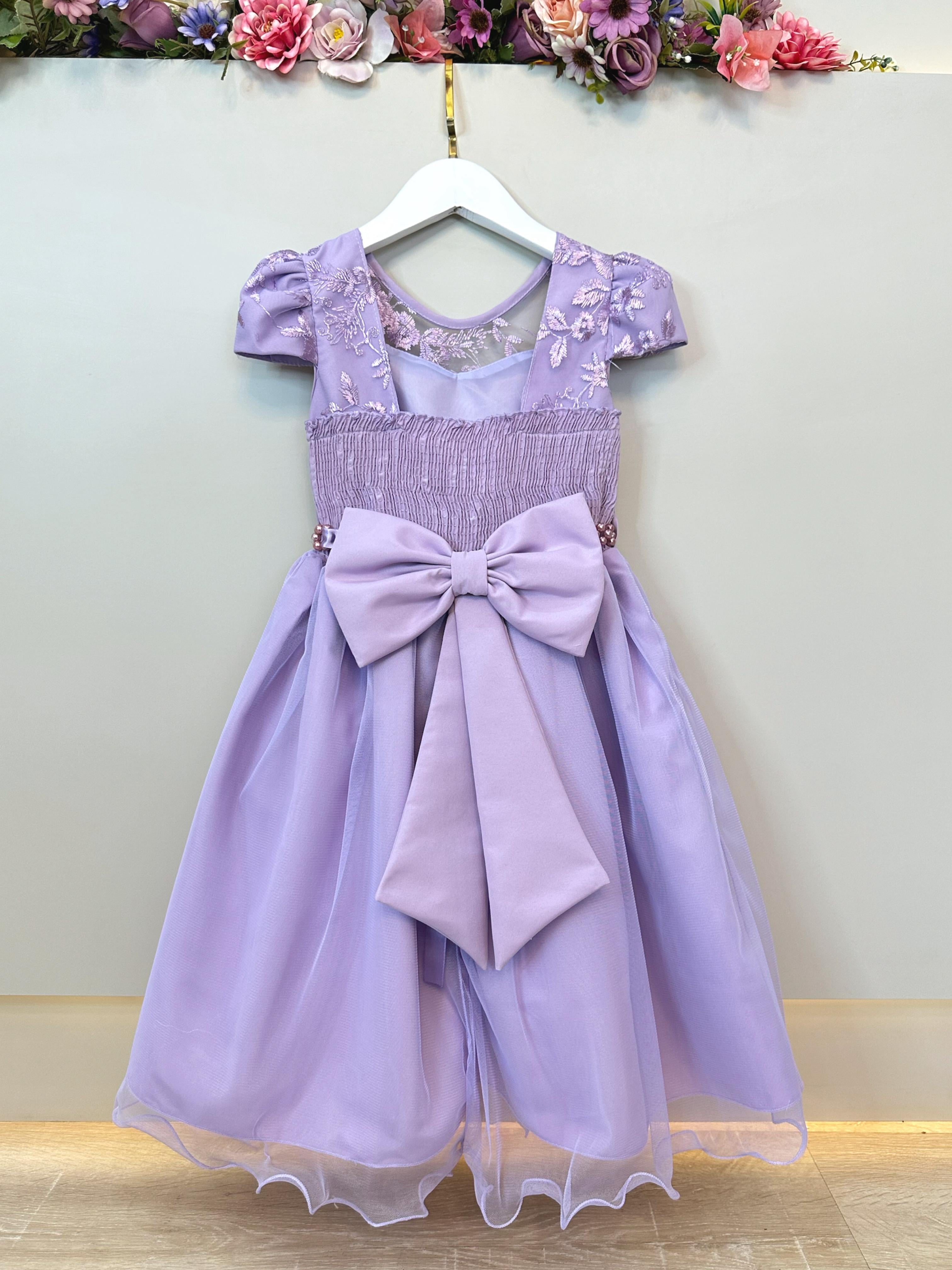 Vestido Infantil Lilás C/ Renda e Pérolas Festas Daminhas