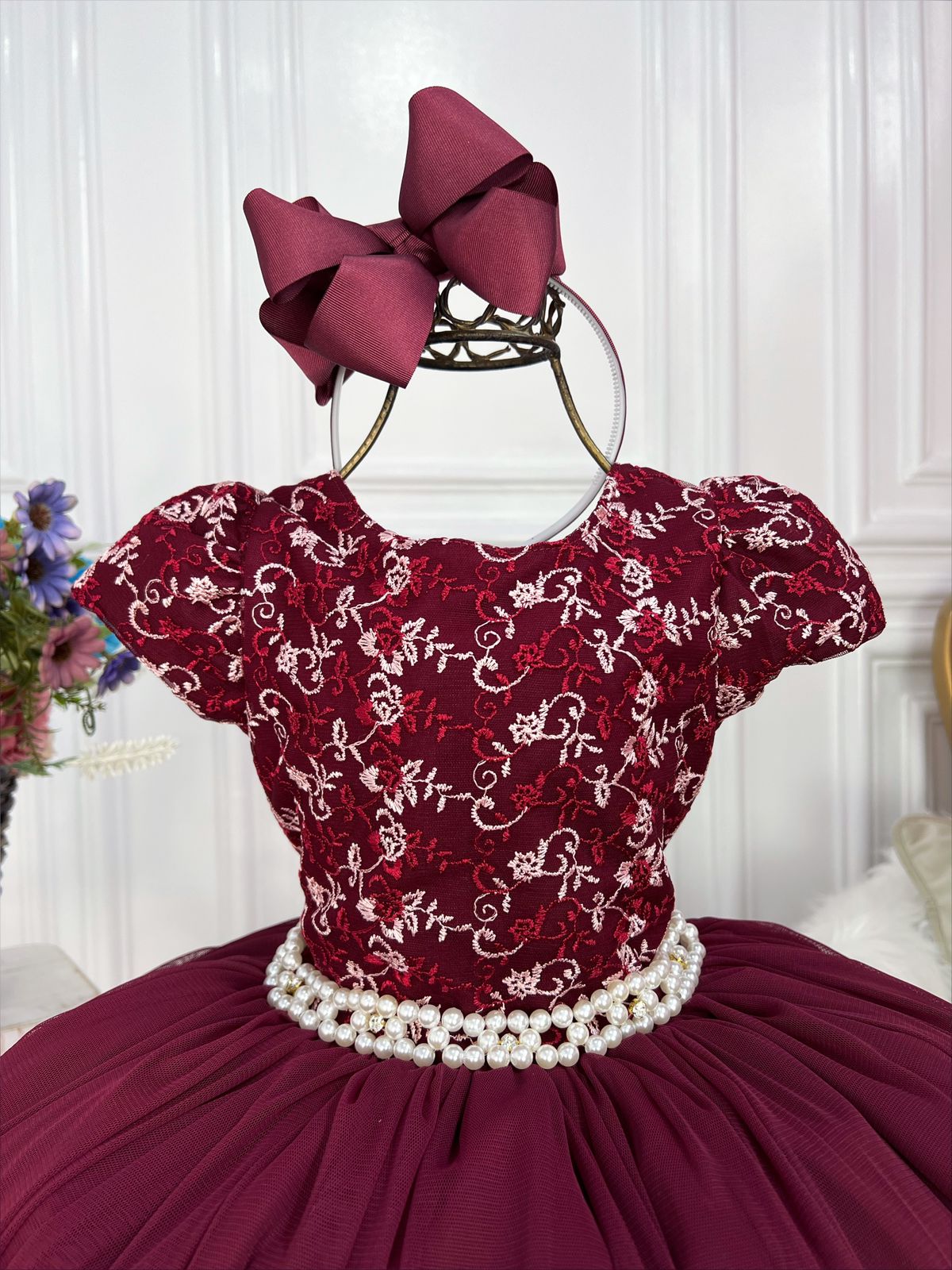 Vestido Infantil Marsala C/ Renda Cinto Pérolas Strass Damas