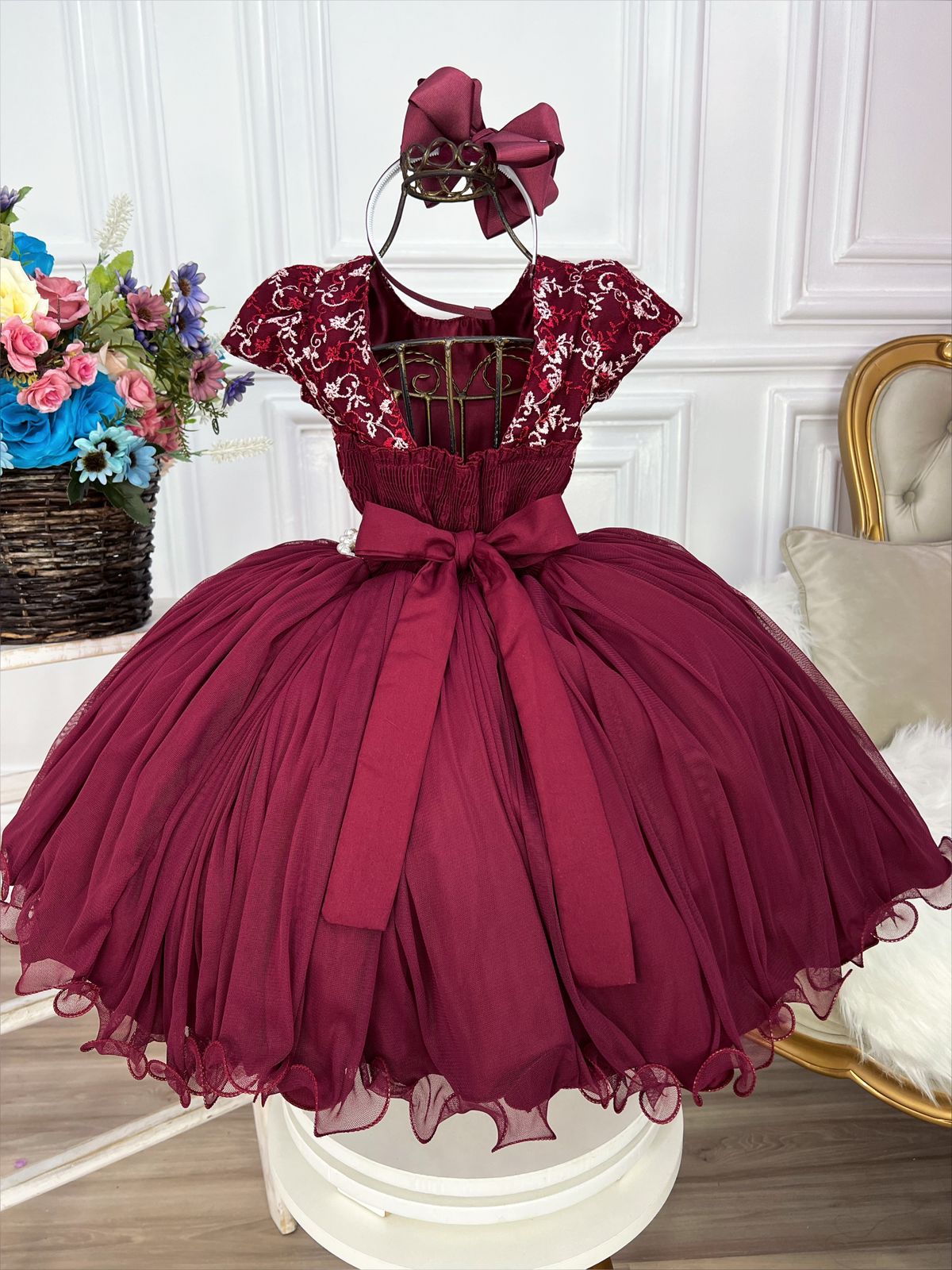 Vestido Infantil Marsala C/ Renda Cinto Pérolas Strass Damas