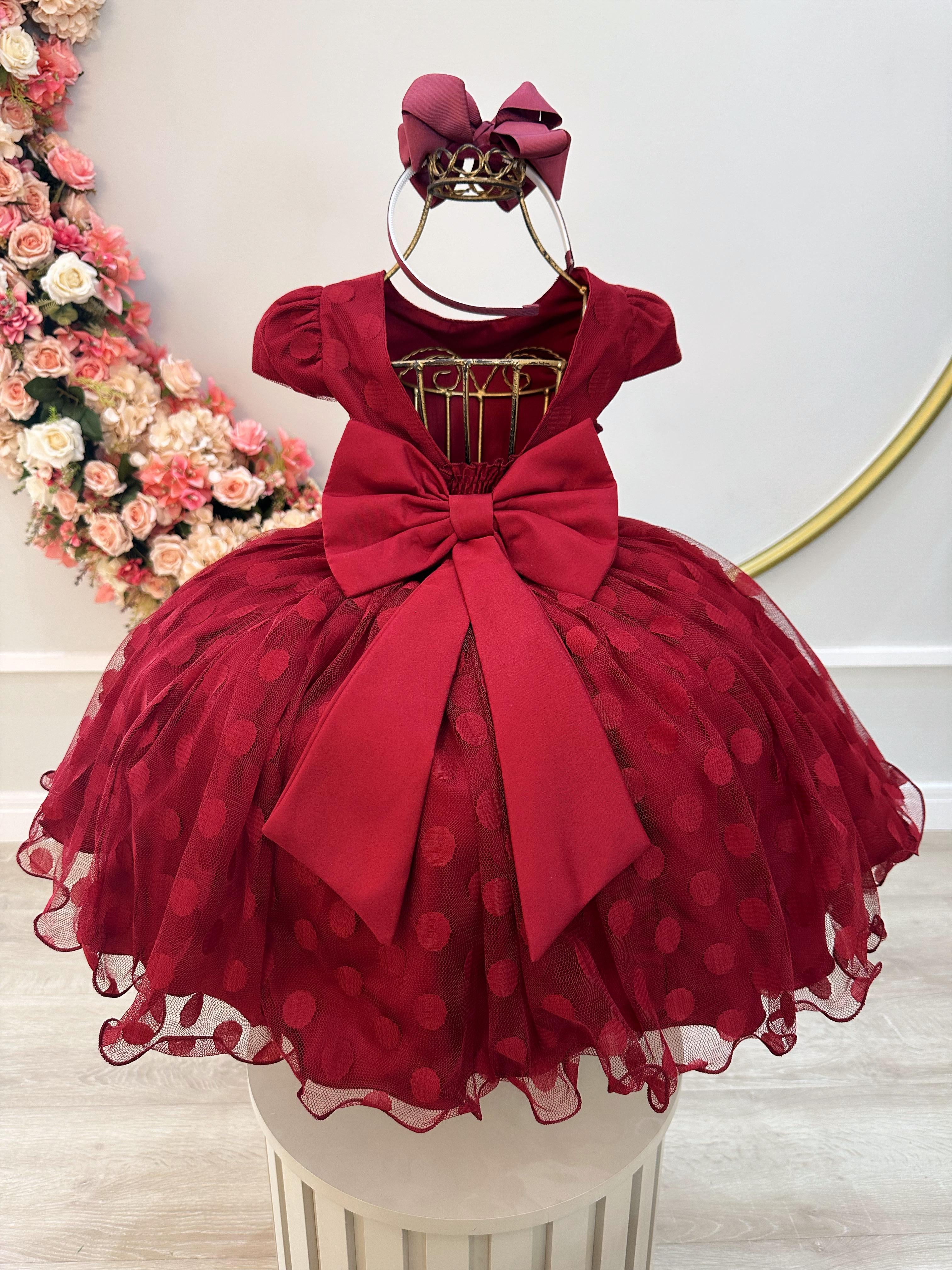 Vestido Infantil Marsala Tule Com Bolinhas Strass e Pérolas