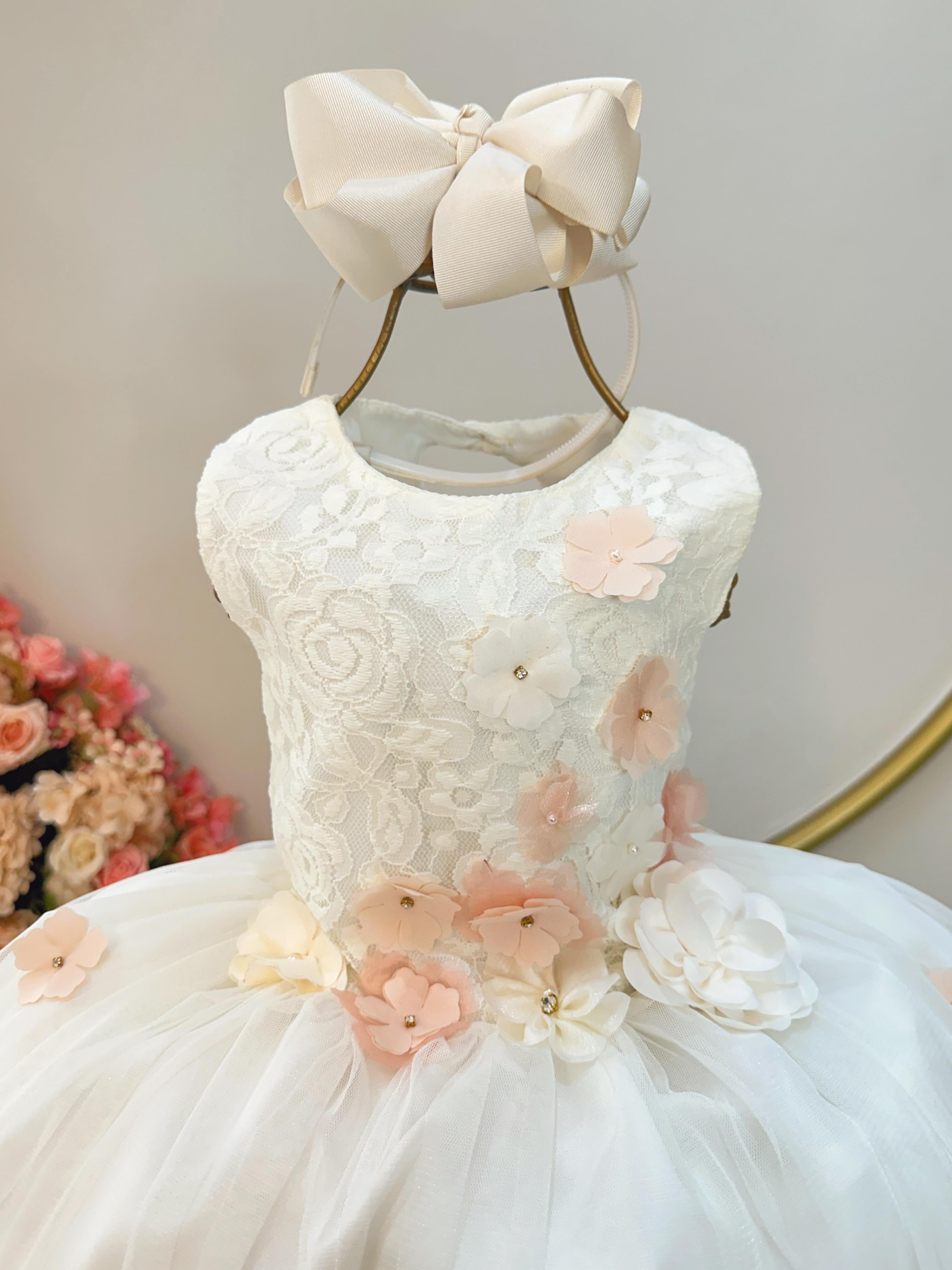 Vestido Infantil Off White Com Renda Daminhas Formatura