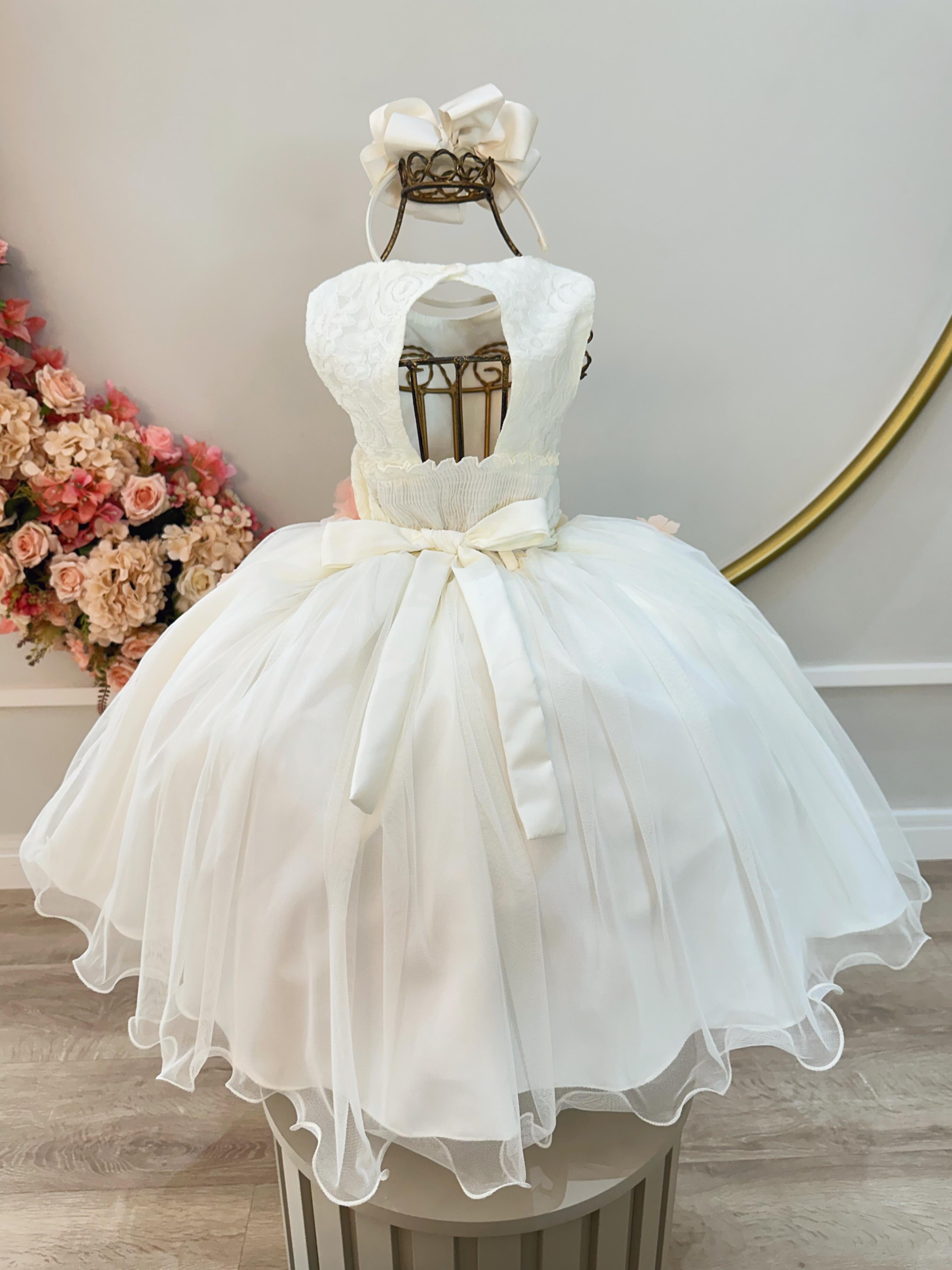 Vestido Infantil Off White Com Renda Daminhas Formatura