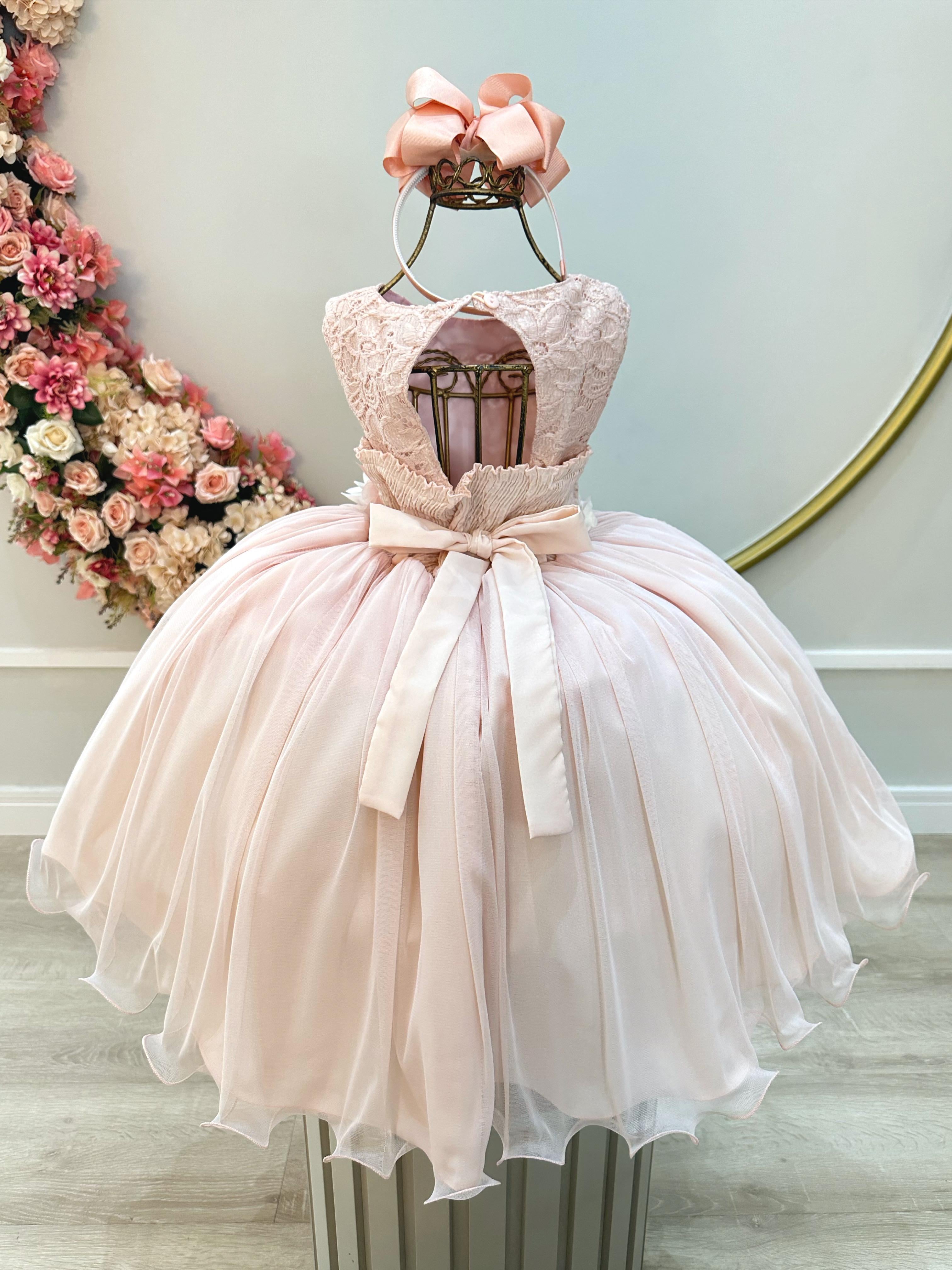 Vestido Infantil Pêssego C/ Renda e Aplique de Flores Damas